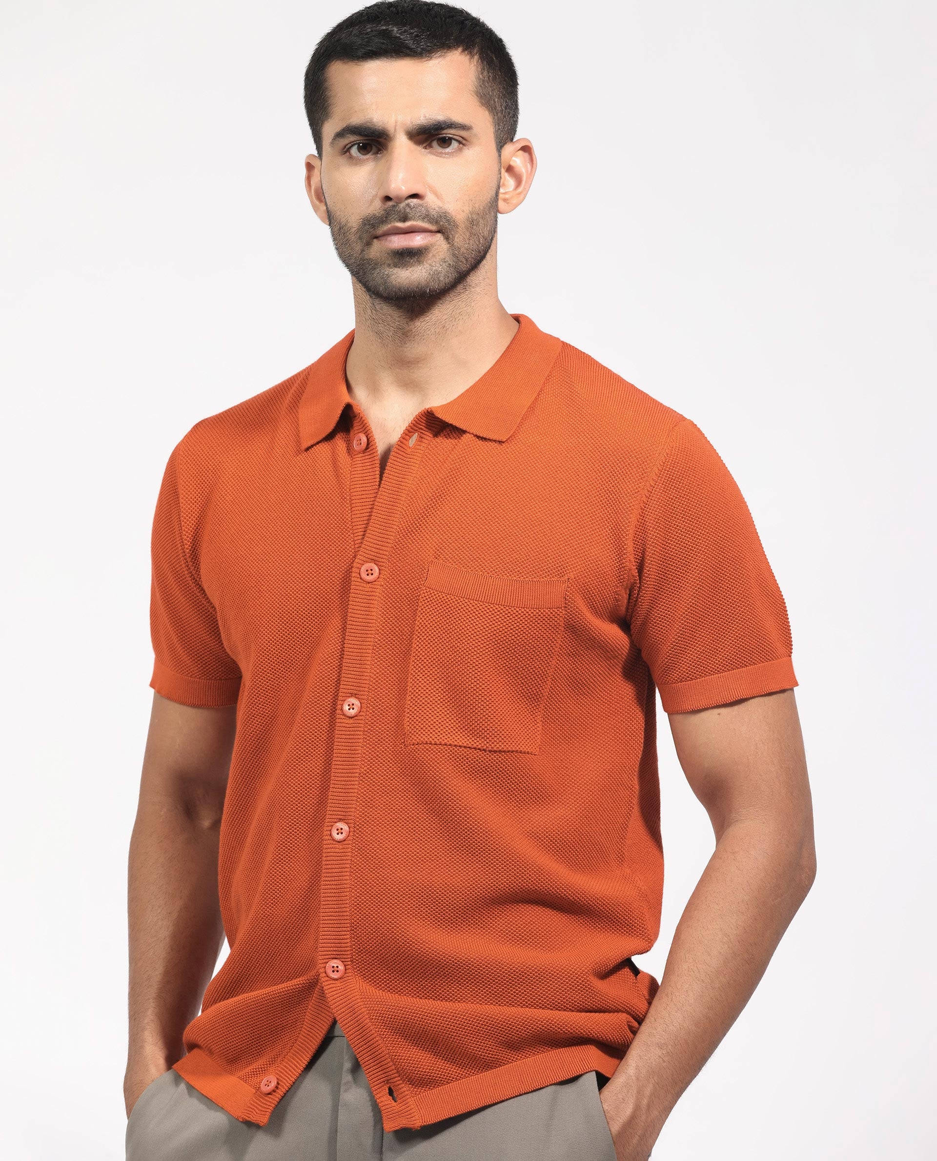 Rare Rabbit Men's Boise Ss Rust Cotton Plain Regular Fit Half Sleeve Collared Shirt