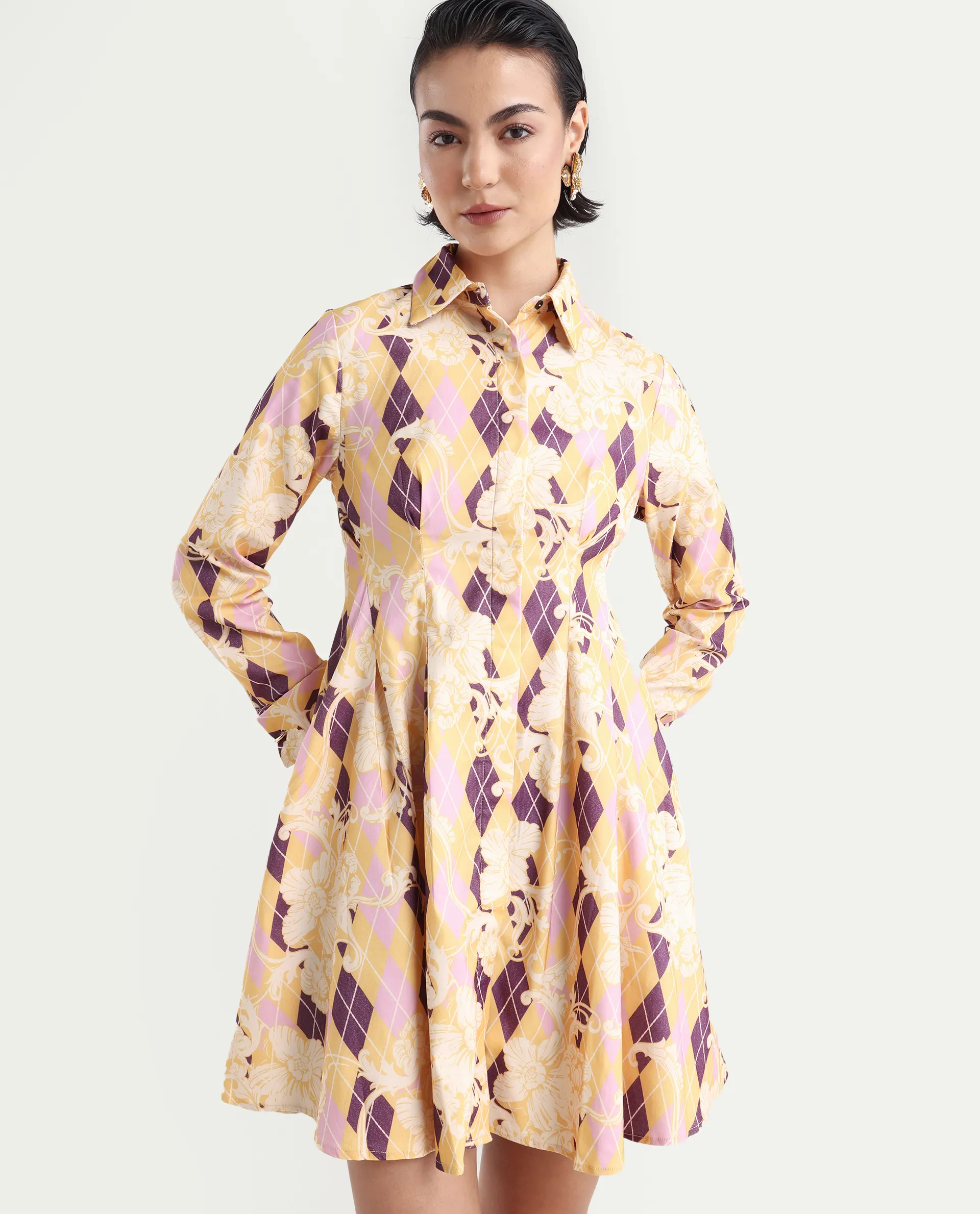 Rareism Women's Bolviana Light Multi Cotton Blend Drop Collar Floral Print Cuffed Sleeve Mini Flared Dress