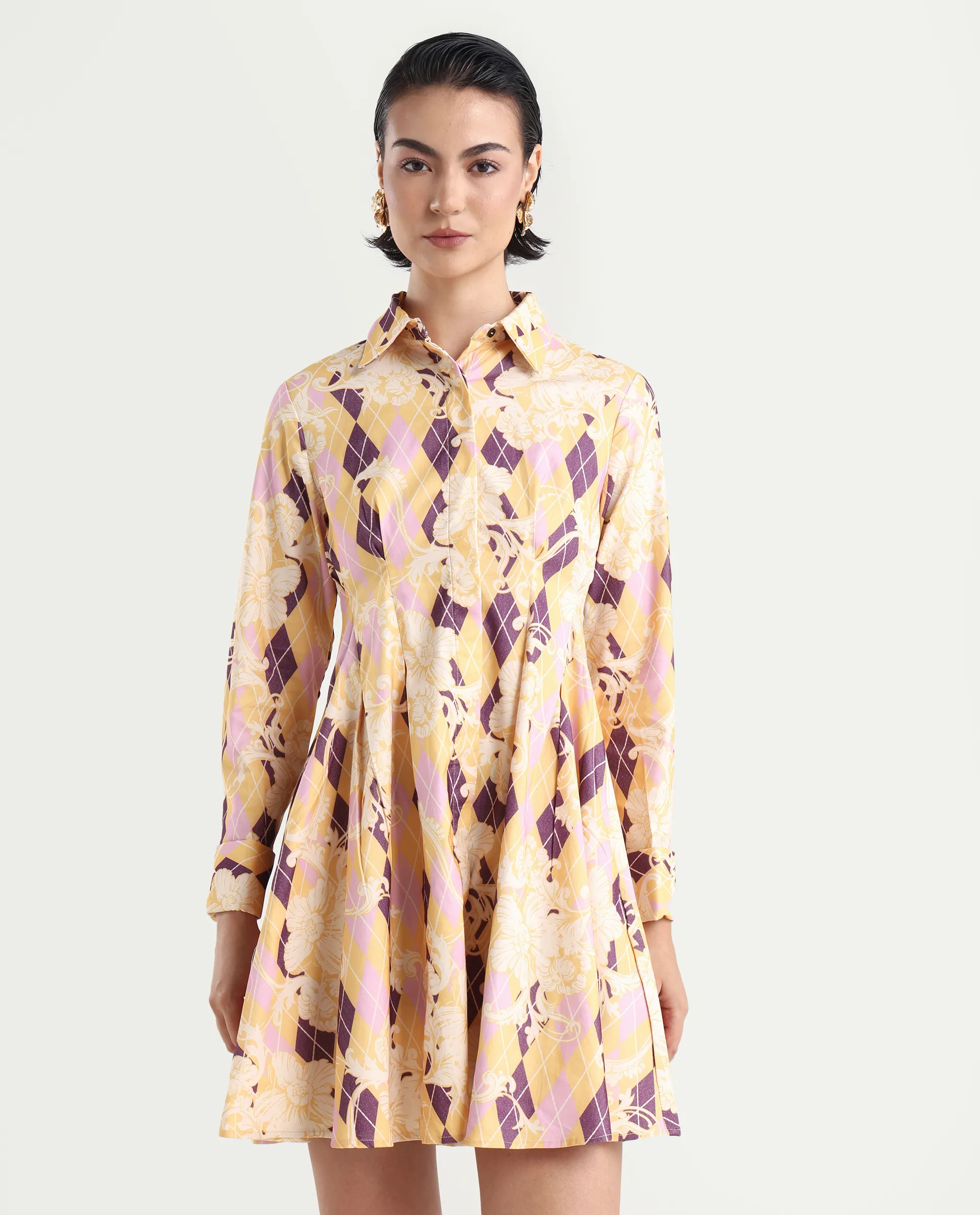 Rareism Women's Bolviana Light Multi Cotton Blend Drop Collar Floral Print Cuffed Sleeve Mini Flared Dress - Image 3