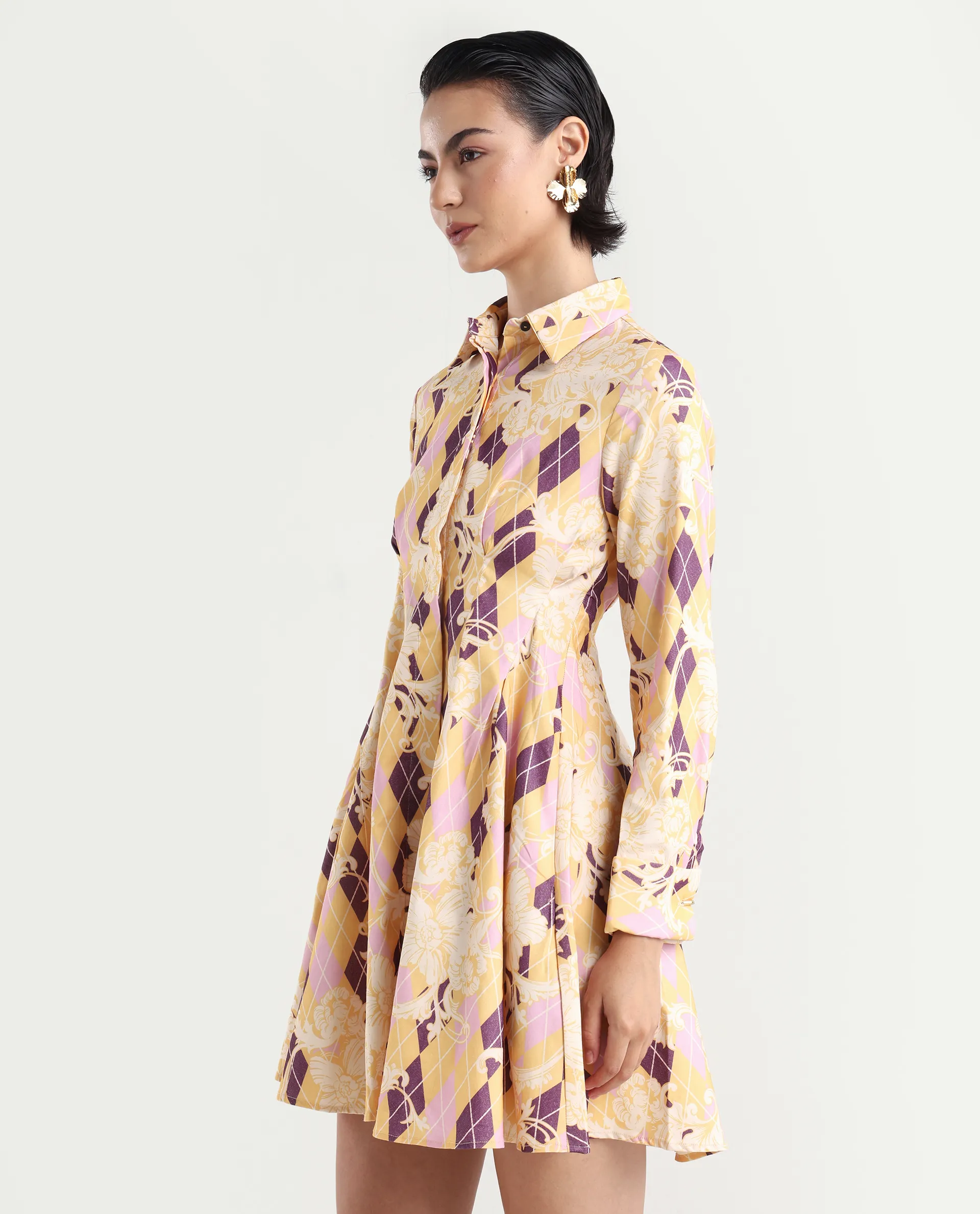 Rareism Women's Bolviana Light Multi Cotton Blend Drop Collar Floral Print Cuffed Sleeve Mini Flared Dress - Image 5