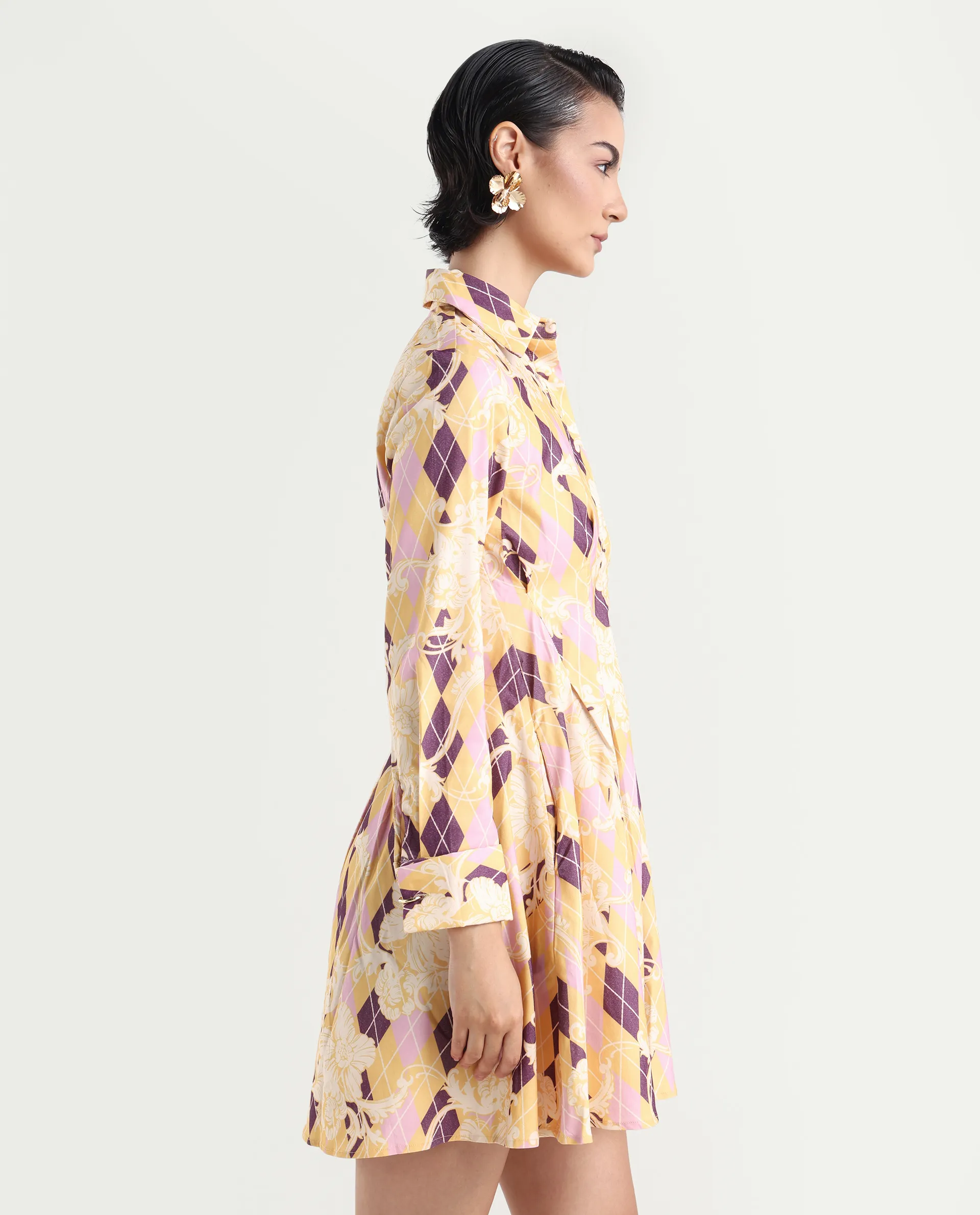 Rareism Women's Bolviana Light Multi Cotton Blend Drop Collar Floral Print Cuffed Sleeve Mini Flared Dress - Image 6