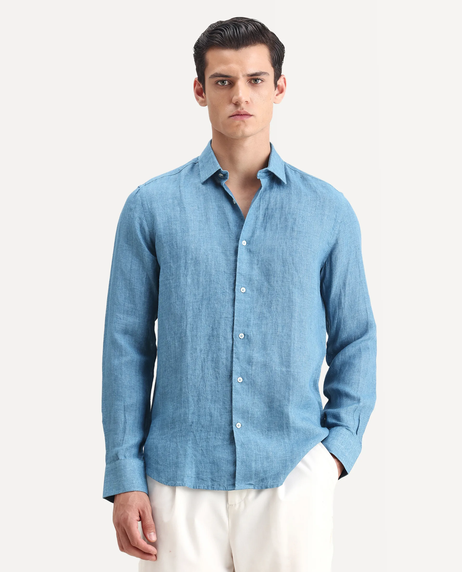Rare Rabbit Men's Borium-2 Dusky Blue 100% Linen Plain Regular Fit Full Sleeve Collared Shirt
