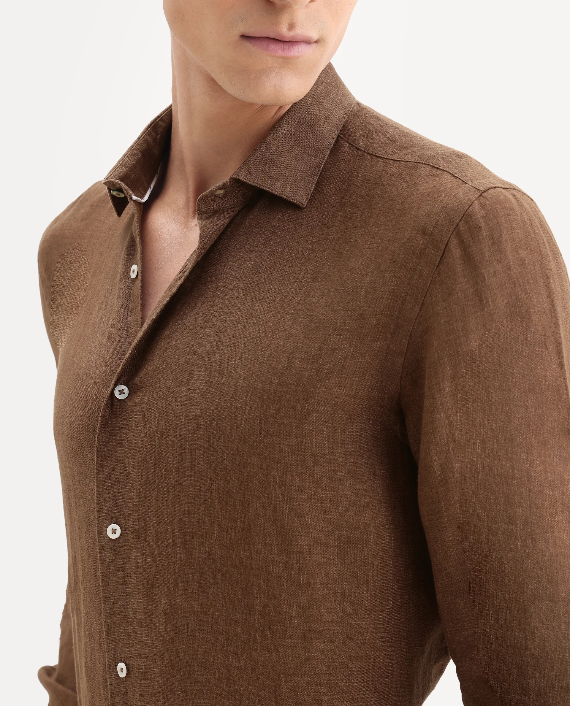 Rare Rabbit Men's Borium-25 Brown 100% Linen Fabric Spread Collar Regular Fit Plain Shirt - Image 3