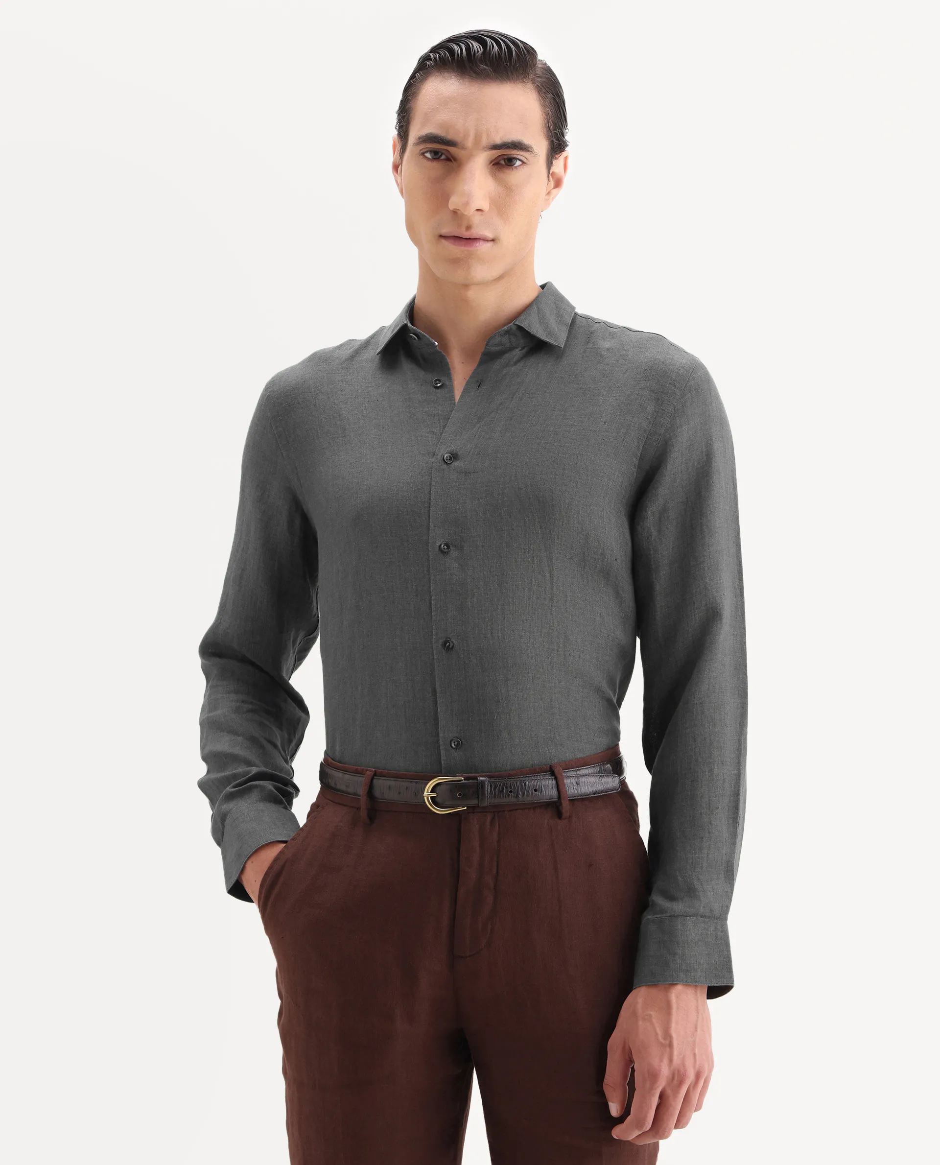 Rare Rabbit Men's Borium-25 Grey 100% Linen Fabric Spread Collar Regular Fit Plain Shirt