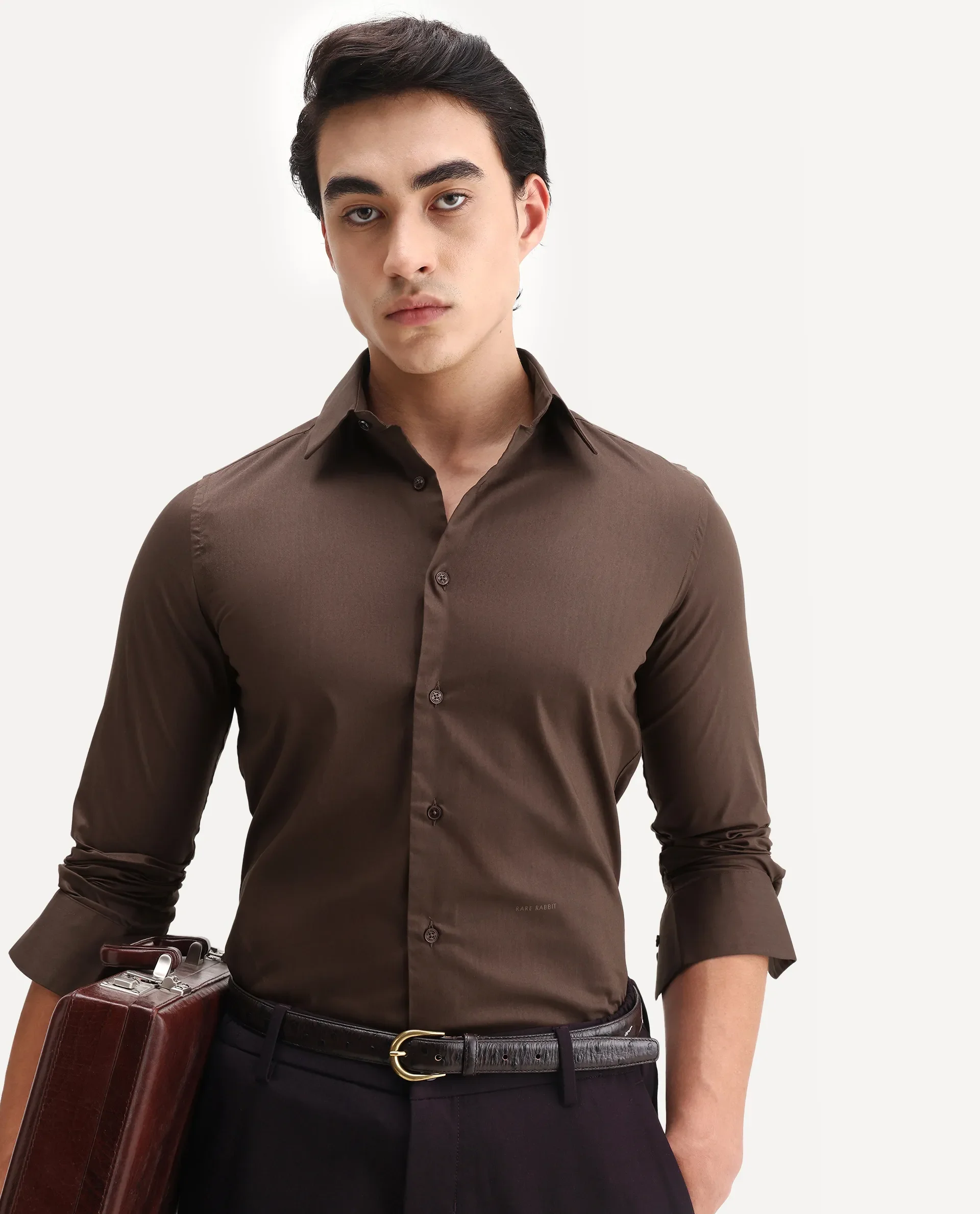 Rare Rabbit Men's Borium Ls-25 Brown 100% Linen Plain Regular Fit Full Sleeve Collared Shirt