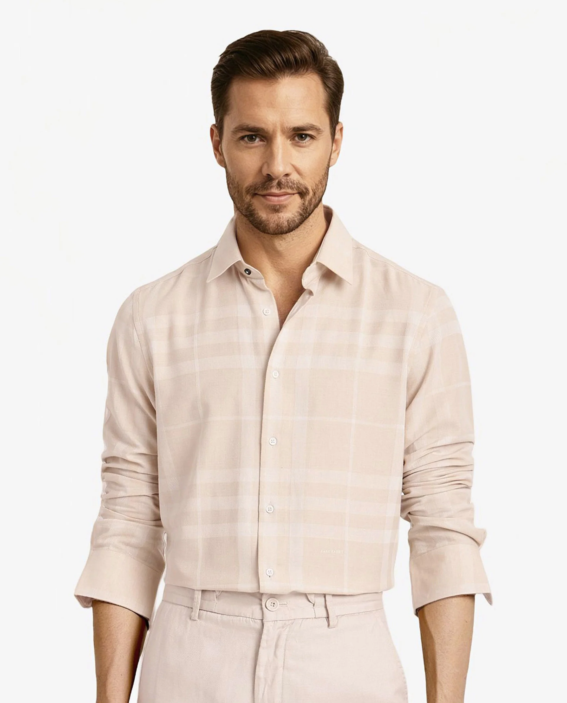 Rare Rabbit Men's Boxlo Beige Cotton Checked Print Regular Fit Full Sleeve Collared Shirt