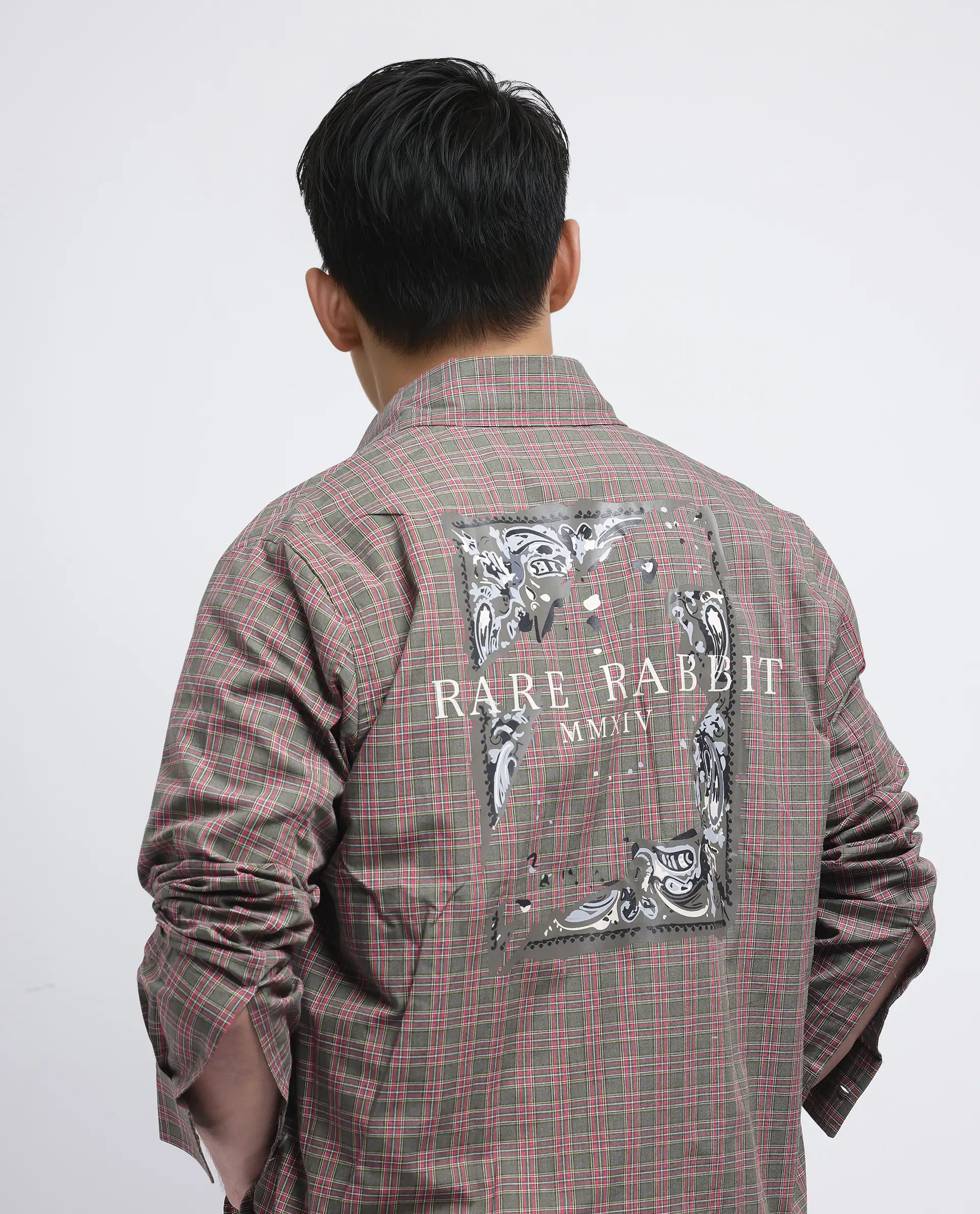 Rare Rabbit Men's Boxy Dark Olive Cotton Checked Print Regular Fit Full Sleeve Collared Shirt