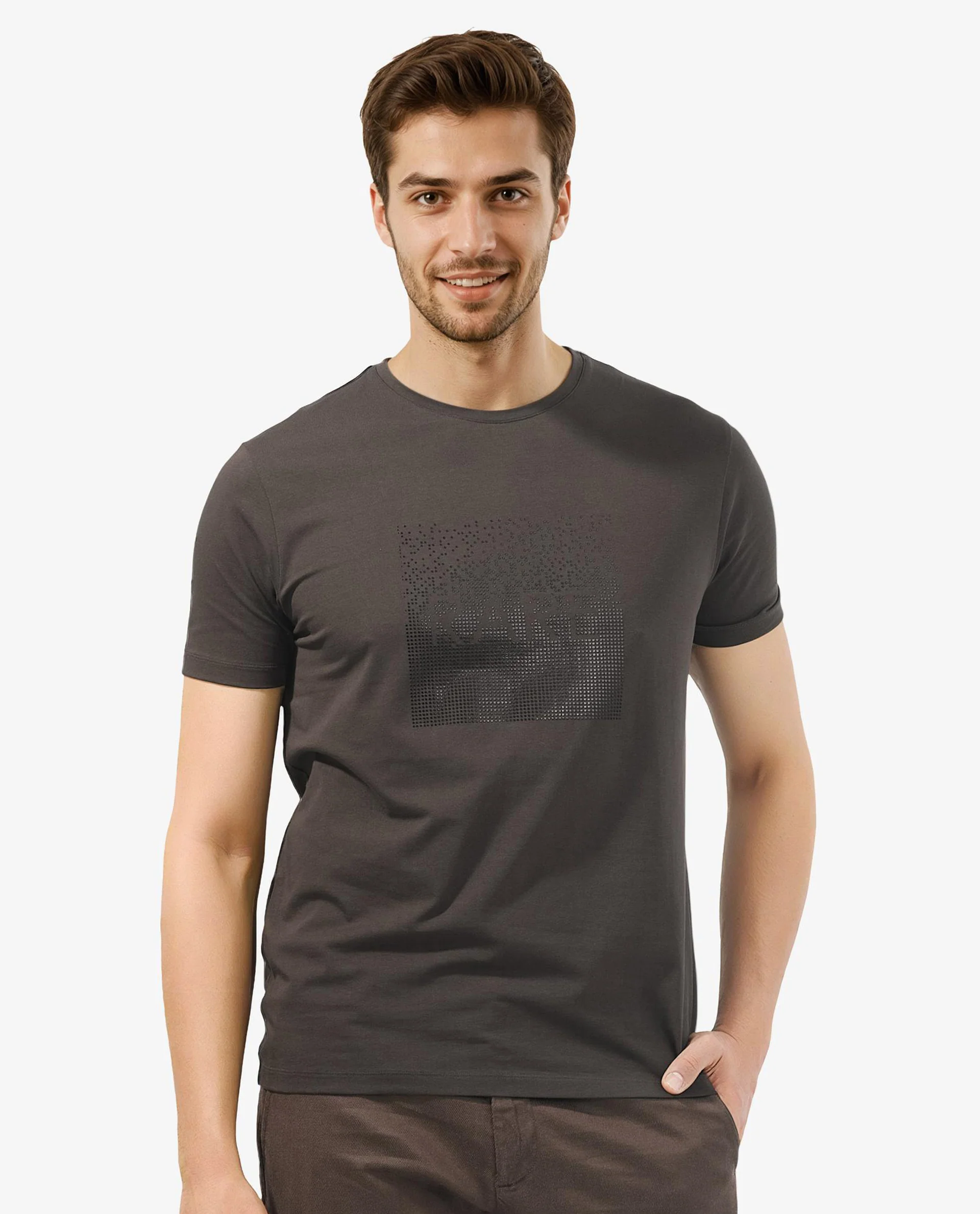 Rare Rabbit Men's Brandon Olive Cotton Blend Graphic Print Regular Fit Half Sleeve Crew Neck T-Shirt