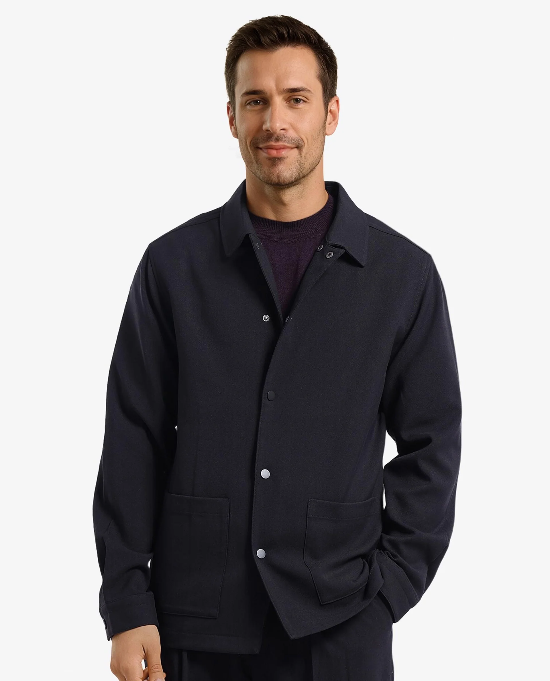 Rare Rabbit Men's Brant Black Rayon Plain Relaxed Fit Full Sleeve Collared Shacket