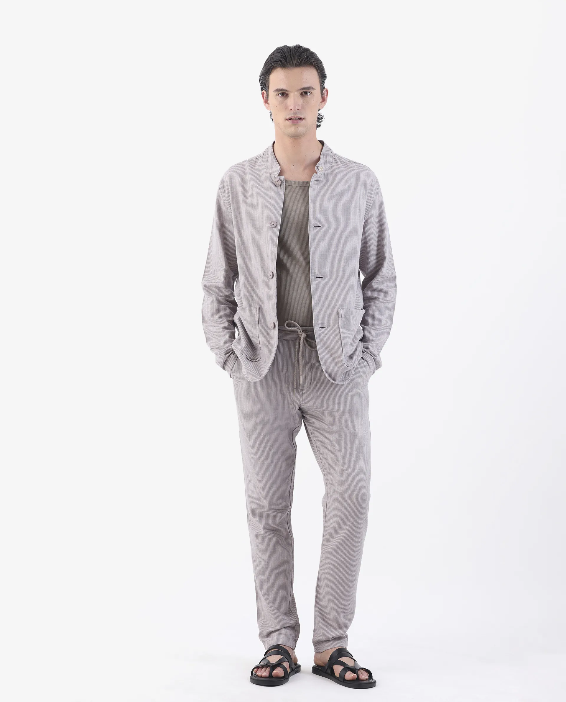 Rare Rabbit Men's Brera Puprle Linen Blend Striped Print Regular Fit Trouser