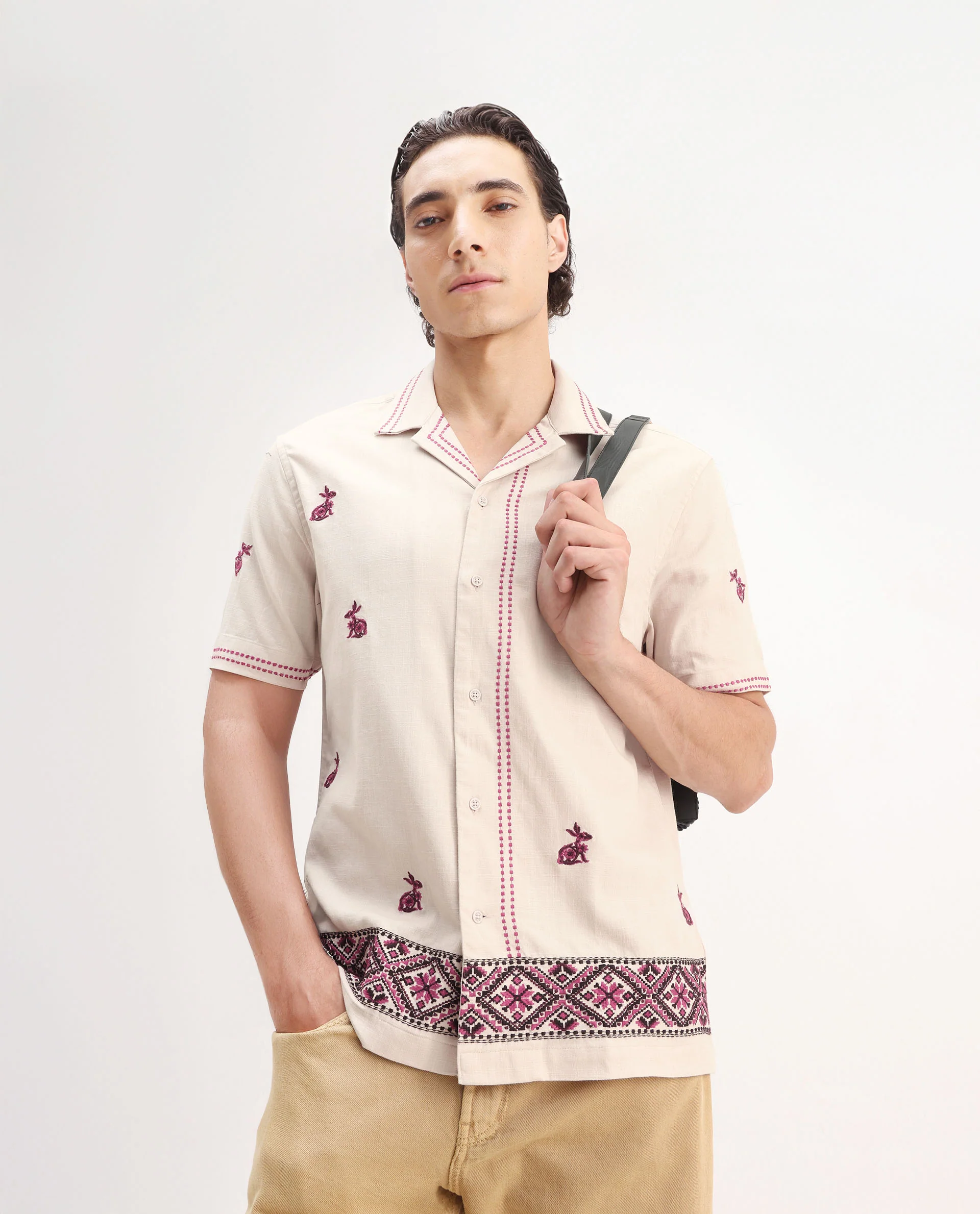 Rare Rabbit Men's Bris Off White Cotton Embroidered Boxy Fit Half Sleeve Cuban Collar Shirt