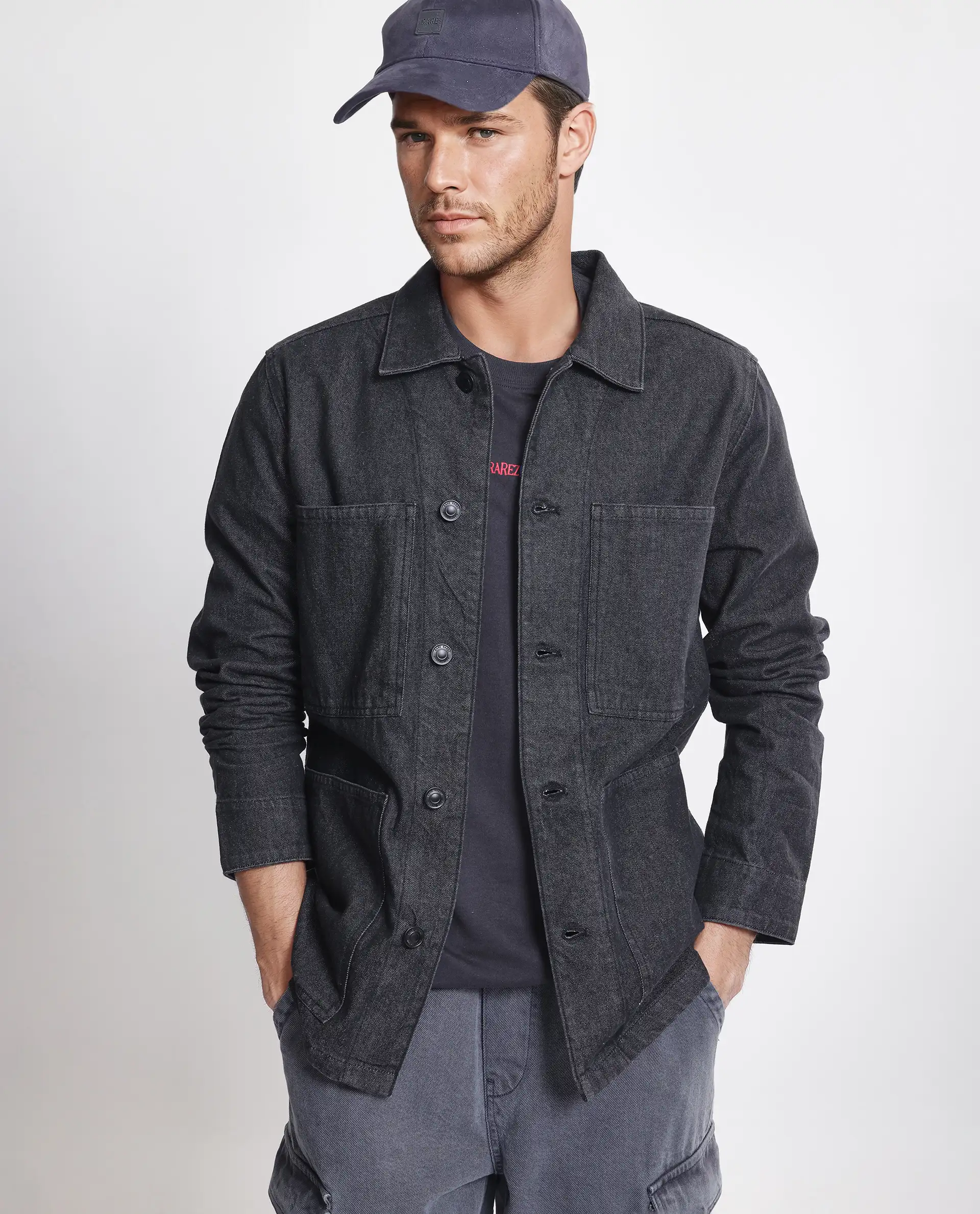 Rare Rabbit Men's Brond Black Cotton Plain Regular Fit Full Sleeve Spread Collar Jacket