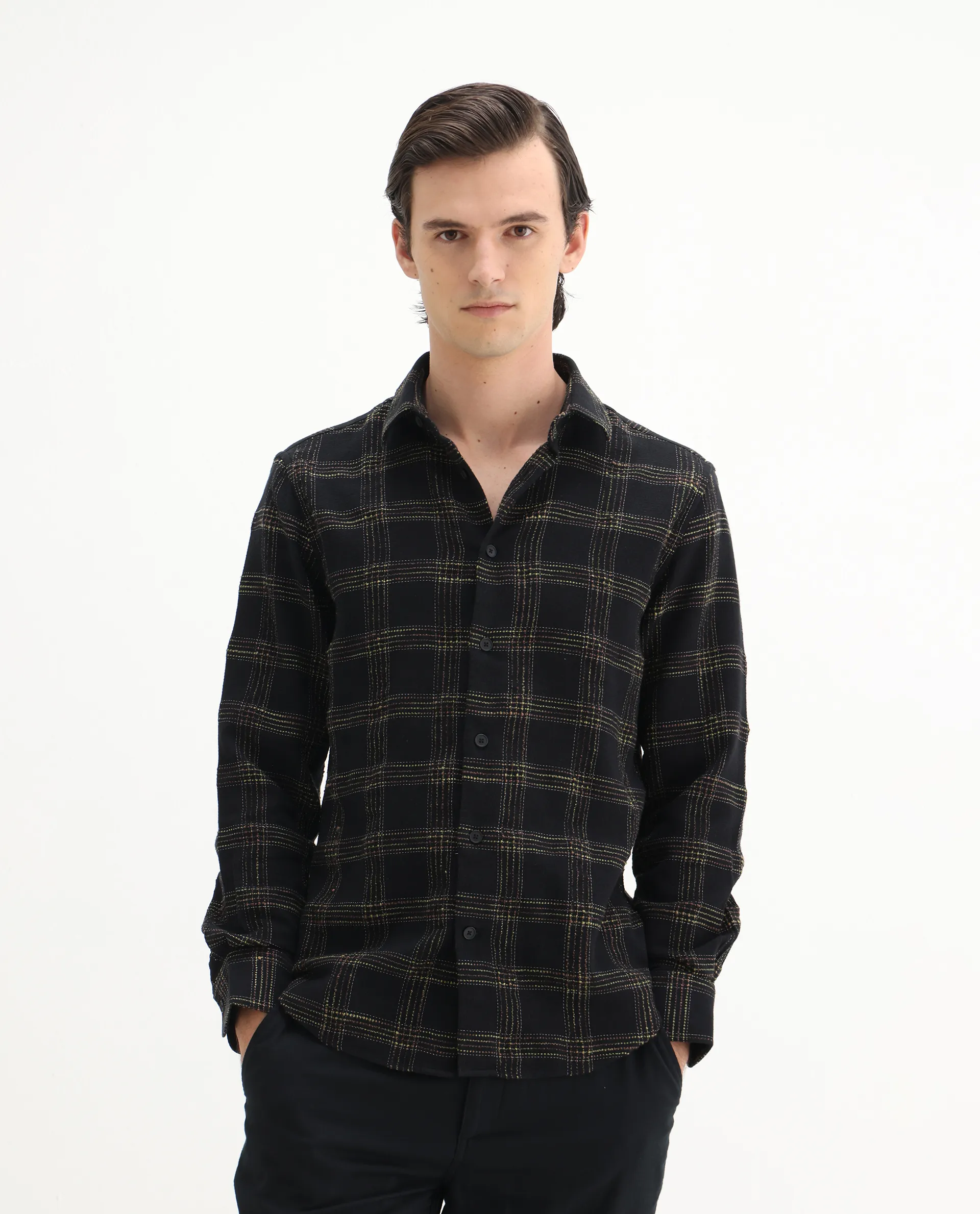 Rare Rabbit Men's Brule Black Polyester Blend Checked Print Regular Fit Full Sleeve Collared Shirt - Image 4