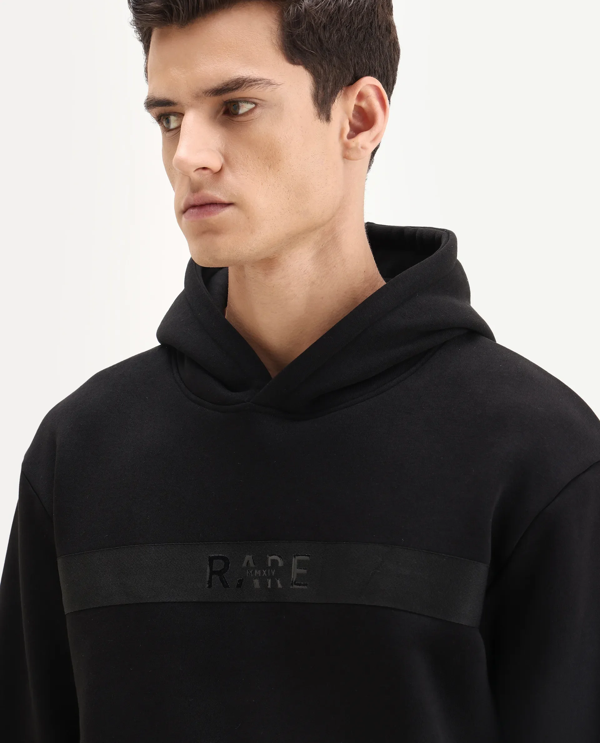 Rare Rabbit Men's Brun Black Cotton Blend Graphic Print Relaxed Fit Full Sleeve Hooded Sweatshirt