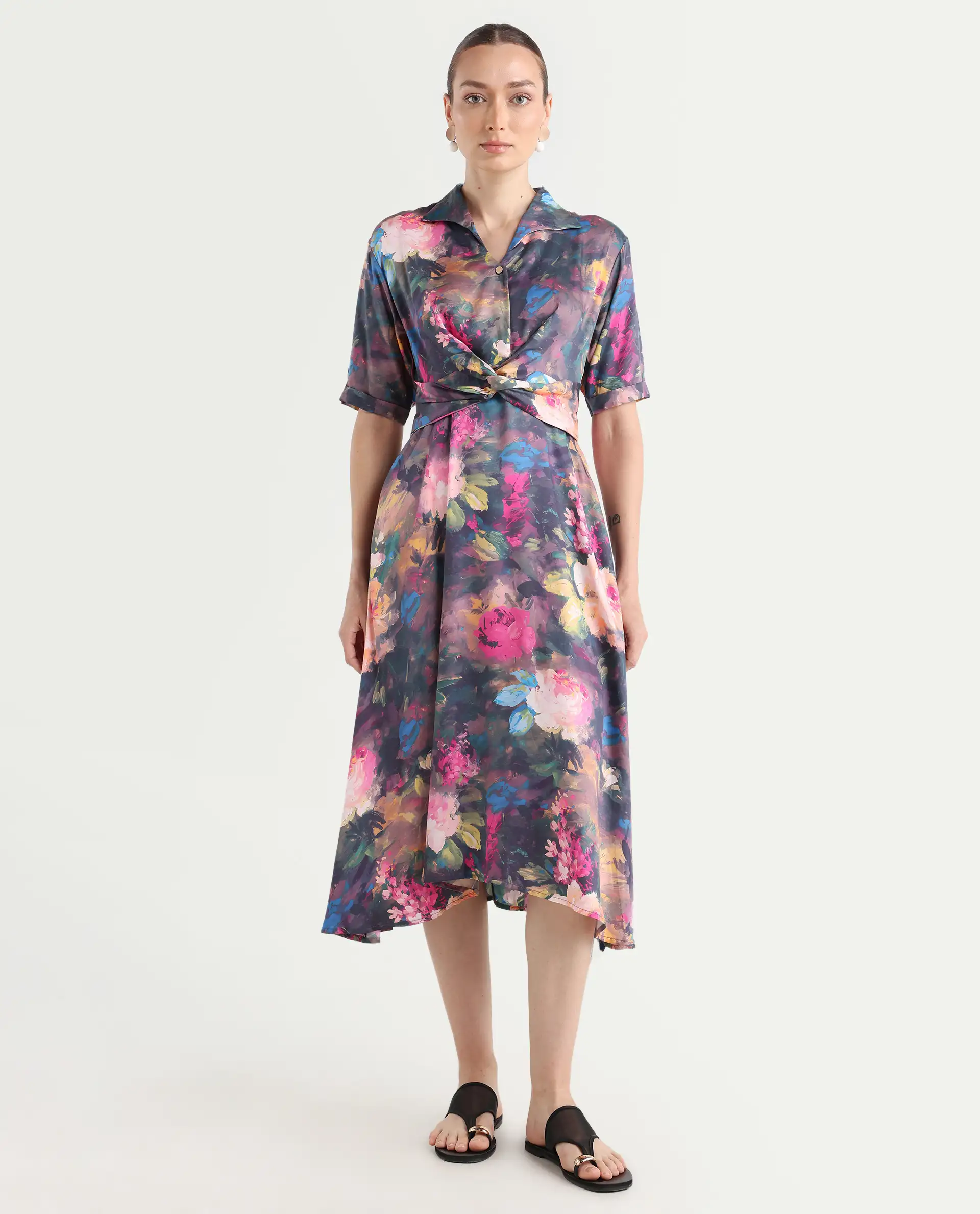 Rareism Women's Buzhi Multi Cotton Blend Spread Collar Floral Print Midi Fit And Flare Dress - Image 3
