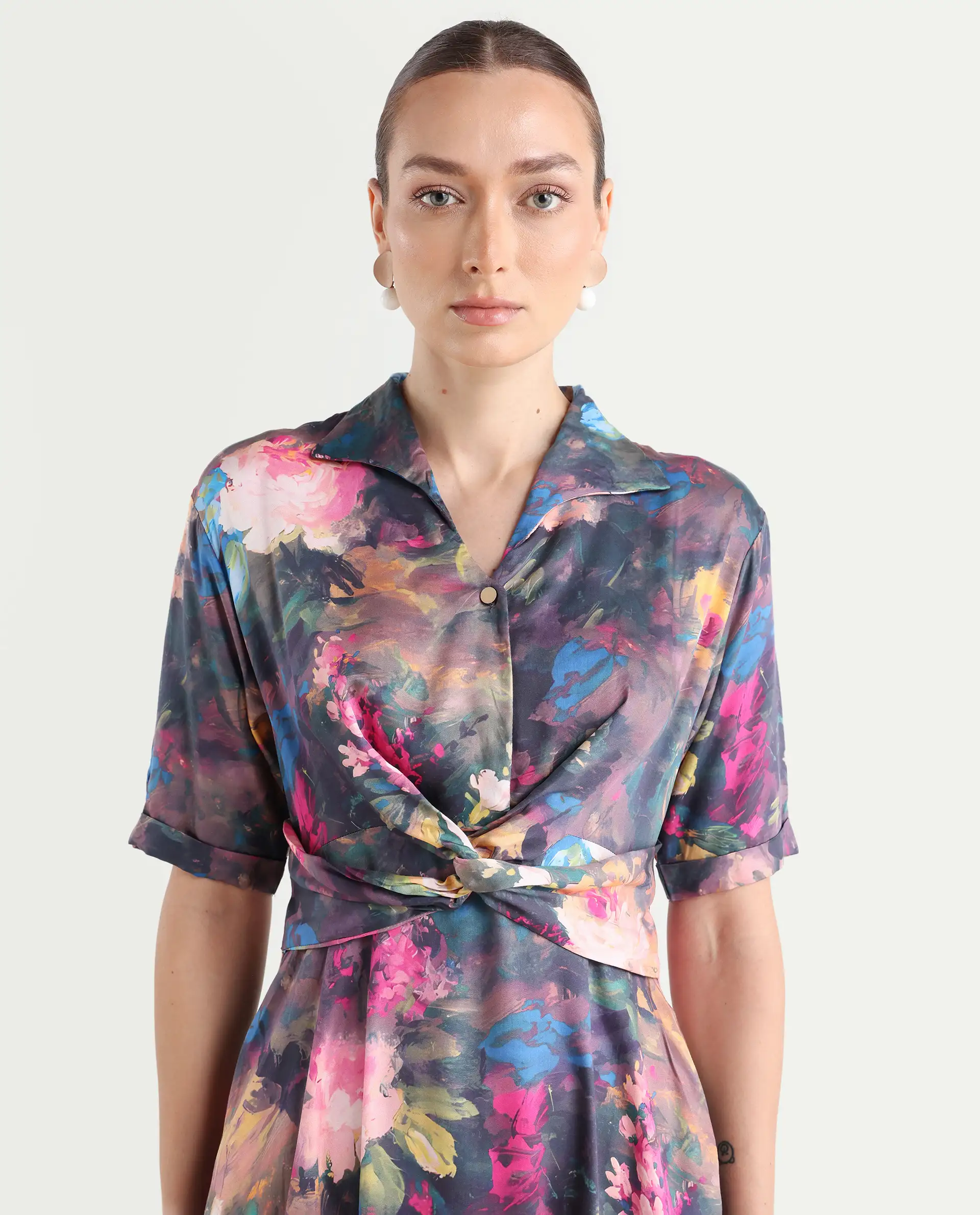Rareism Women's Buzhi Multi Cotton Blend Spread Collar Floral Print Midi Fit And Flare Dress - Image 4