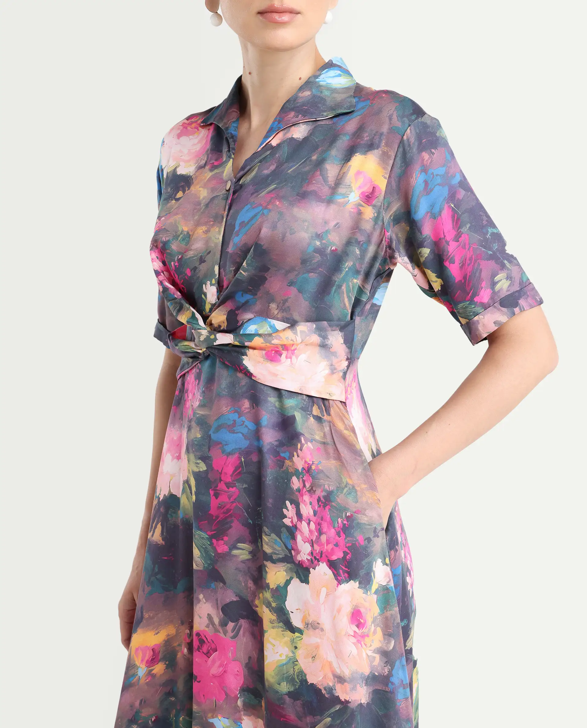 Rareism Women's Buzhi Multi Cotton Blend Spread Collar Floral Print Midi Fit And Flare Dress - Image 5