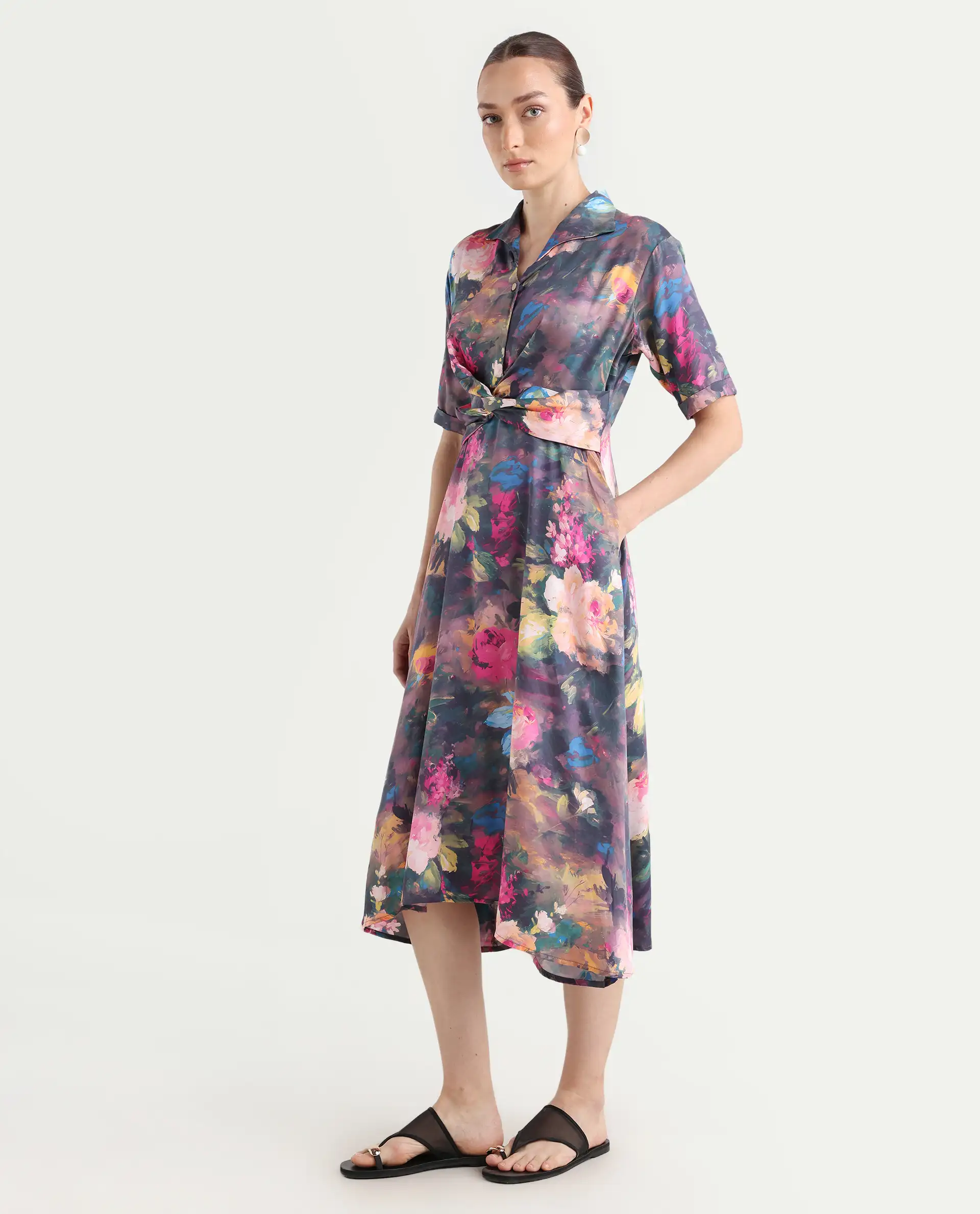 Rareism Women's Buzhi Multi Cotton Blend Spread Collar Floral Print Midi Fit And Flare Dress - Image 6