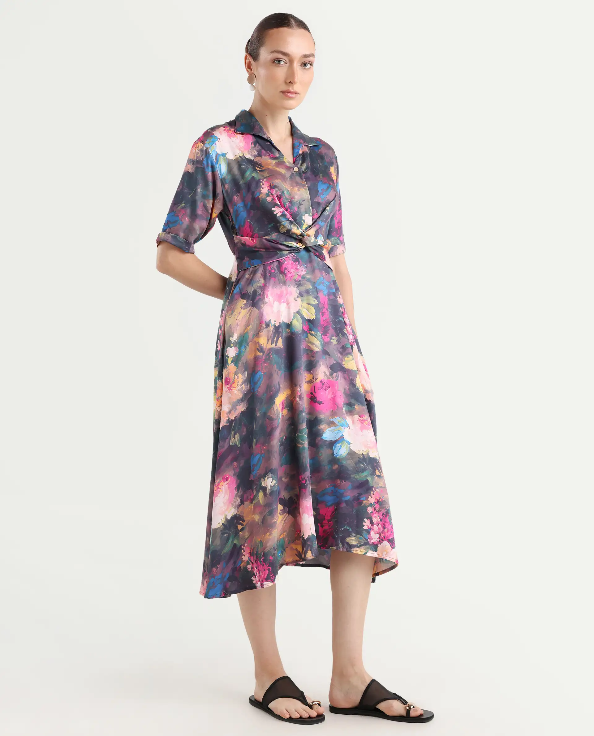 Rareism Women's Buzhi Multi Cotton Blend Spread Collar Floral Print Midi Fit And Flare Dress - Image 7