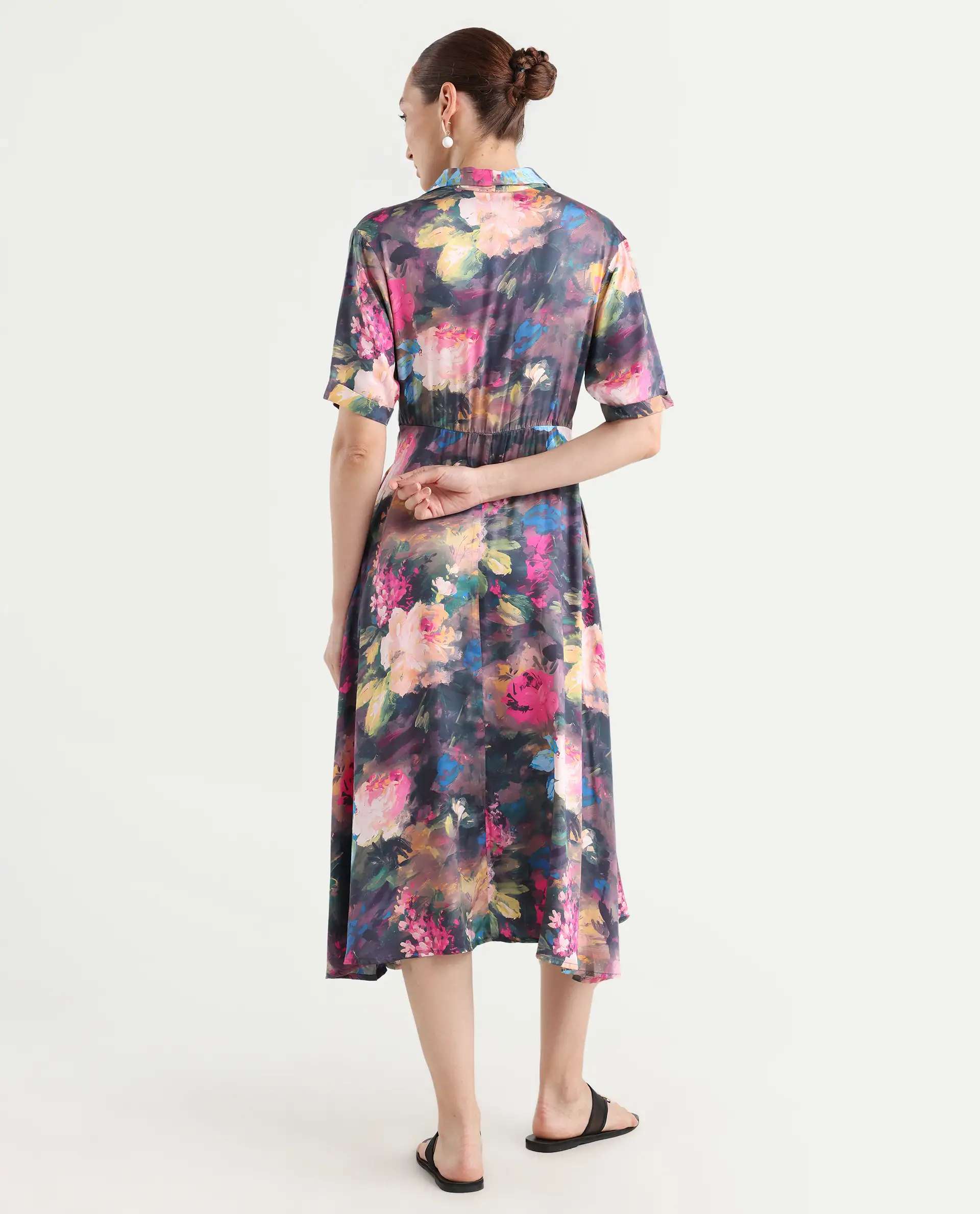Rareism Women's Buzhi Multi Cotton Blend Spread Collar Floral Print Midi Fit And Flare Dress - Image 8