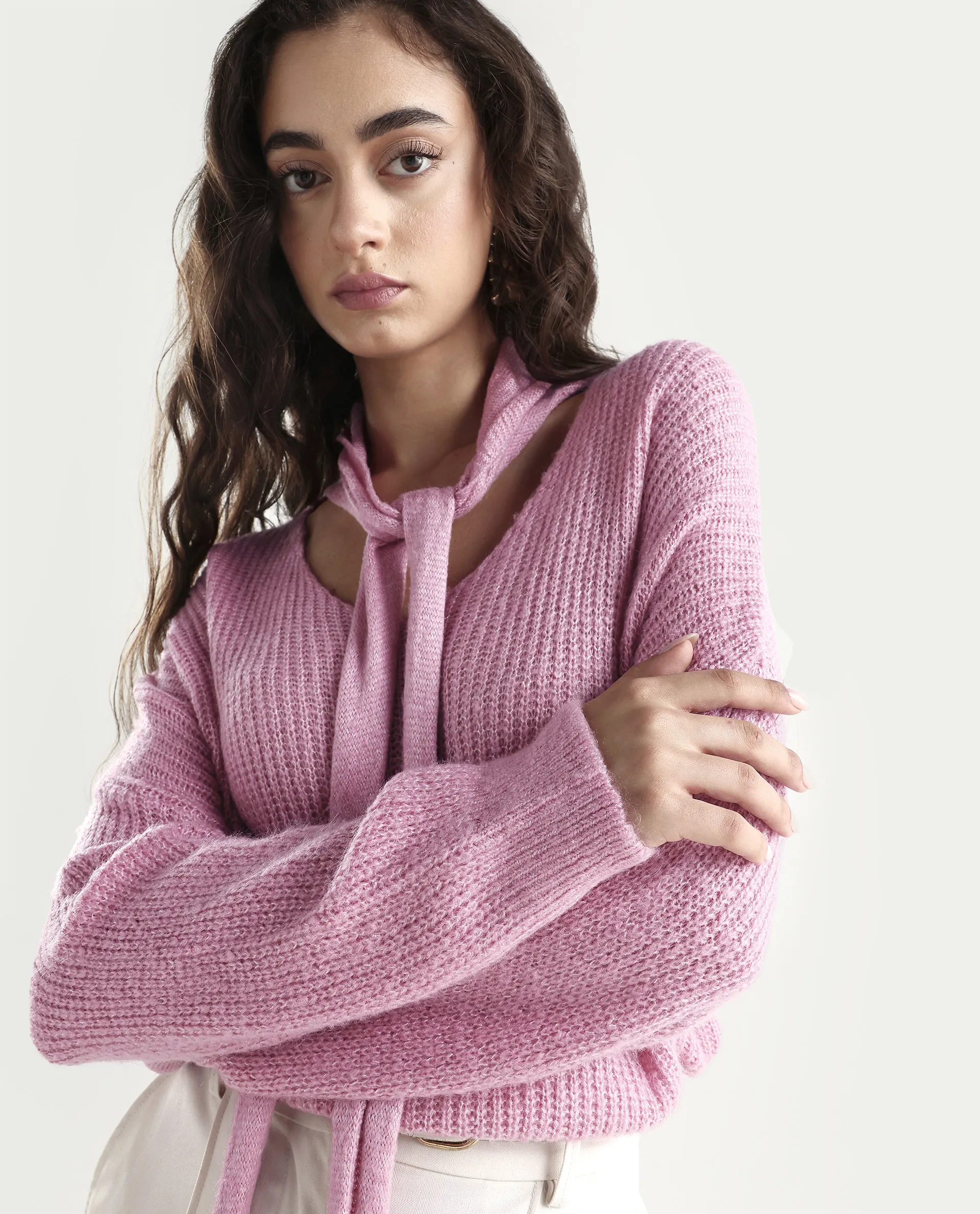 Rareism Women's Buzz Light Pink Acrylic Tie-Up Neck Plain Relaxed Fit Sweater