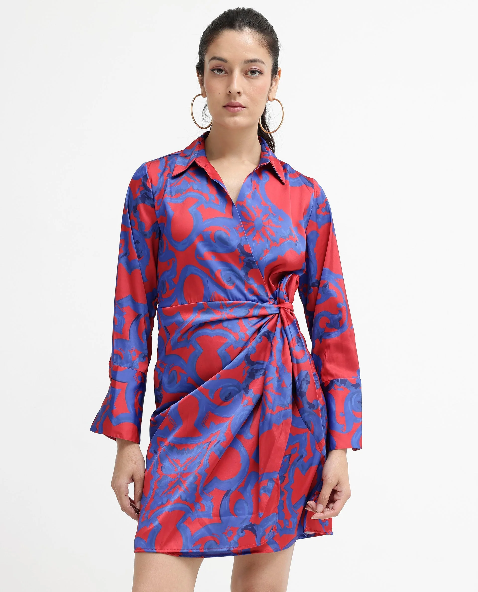 Rareism Women's Cager Red Polyester Blend Drop Collar Abstract Print Cuffed Sleeve Mini Wrap Dress