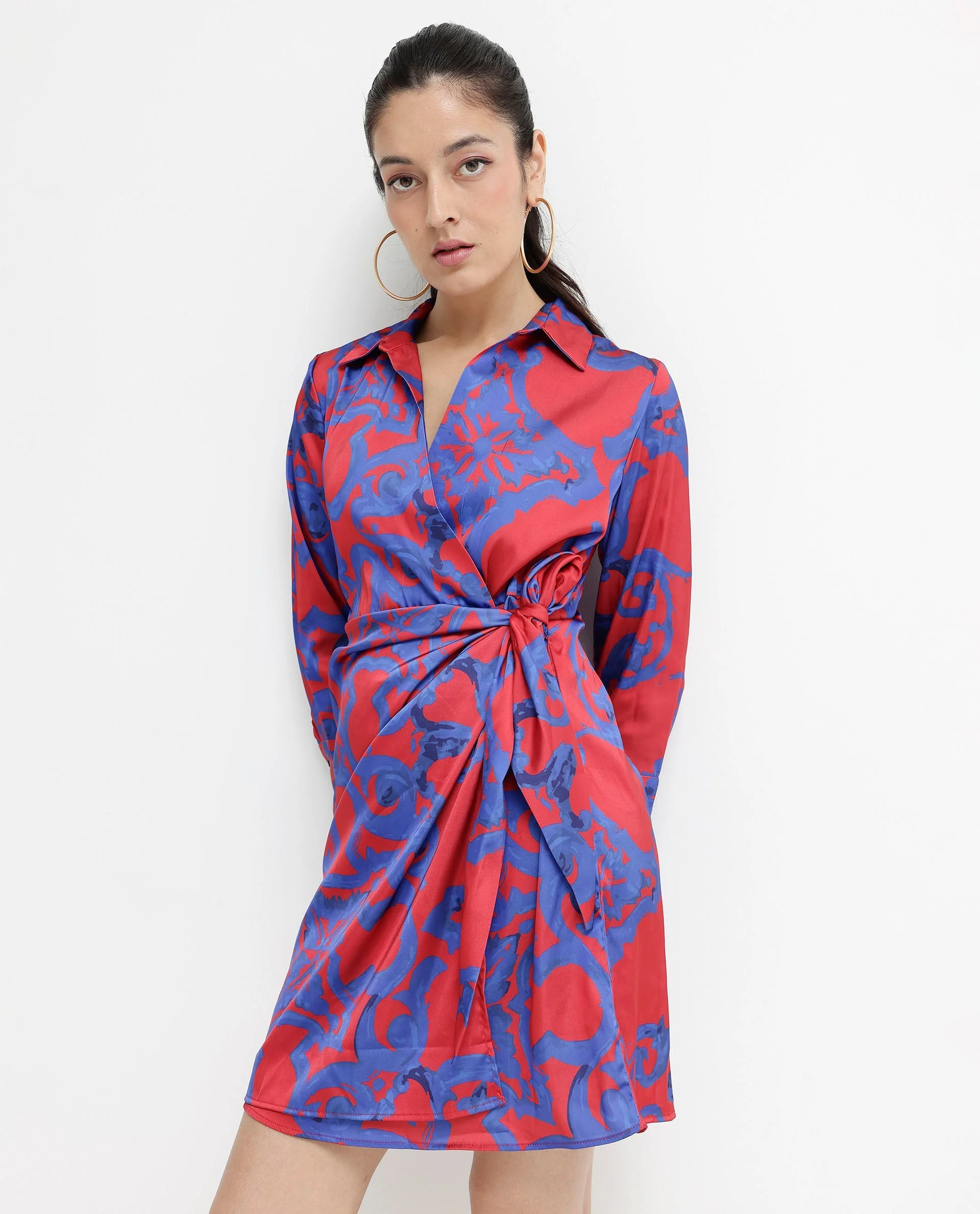 Rareism Women's Cager Red Polyester Blend Drop Collar Abstract Print Cuffed Sleeve Mini Wrap Dress - Image 3