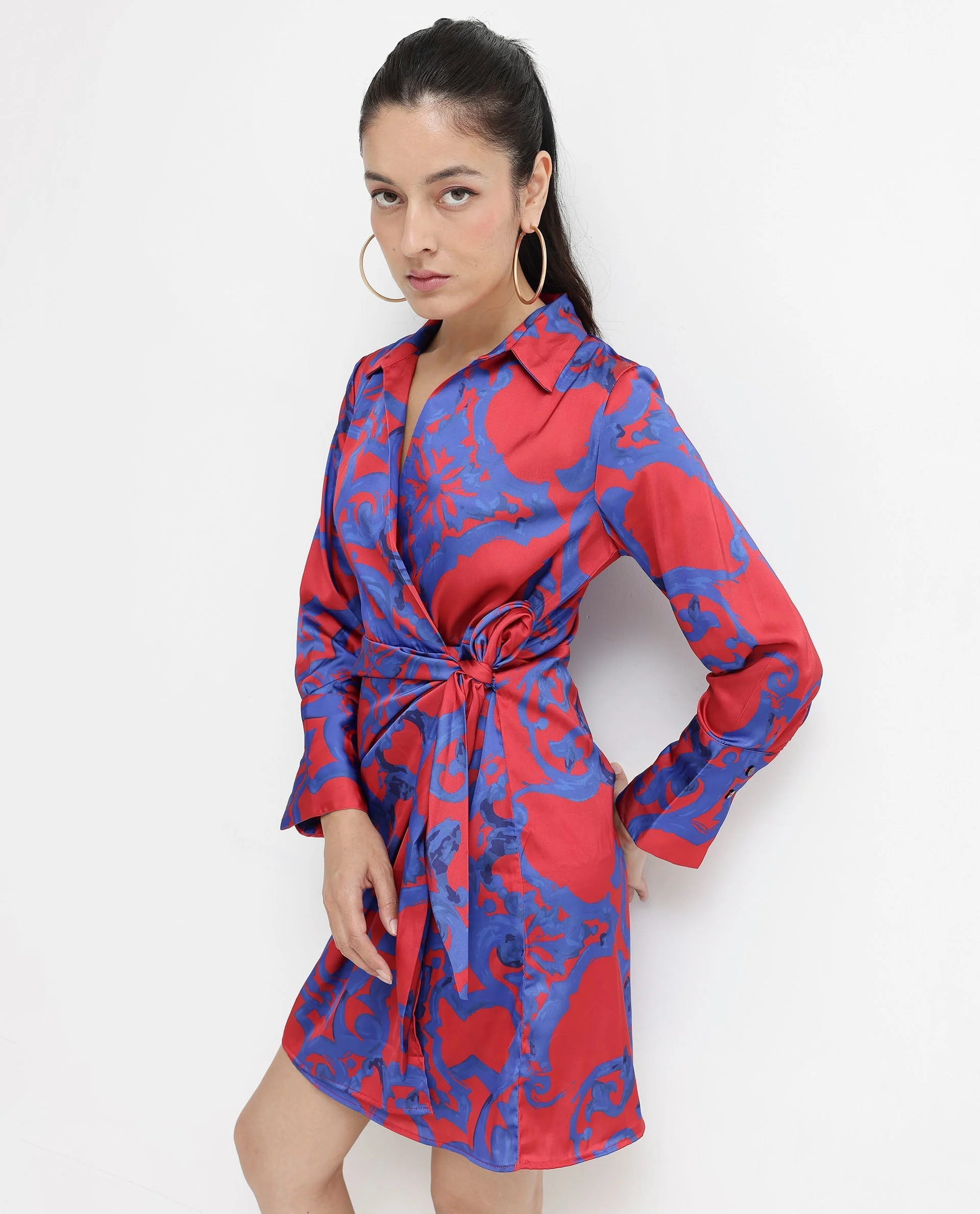 Rareism Women's Cager Red Polyester Blend Drop Collar Abstract Print Cuffed Sleeve Mini Wrap Dress - Image 4