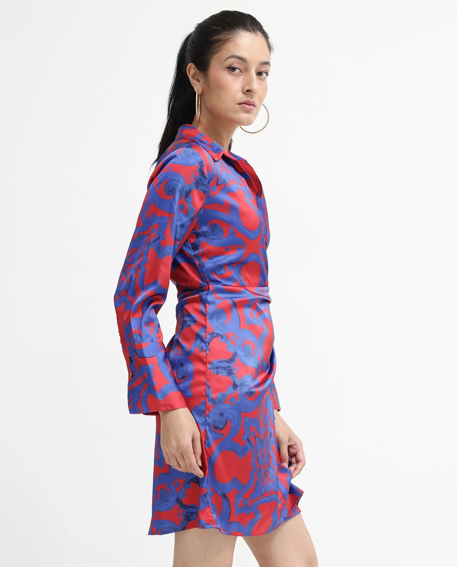 Rareism Women's Cager Red Polyester Blend Drop Collar Abstract Print Cuffed Sleeve Mini Wrap Dress - Image 5