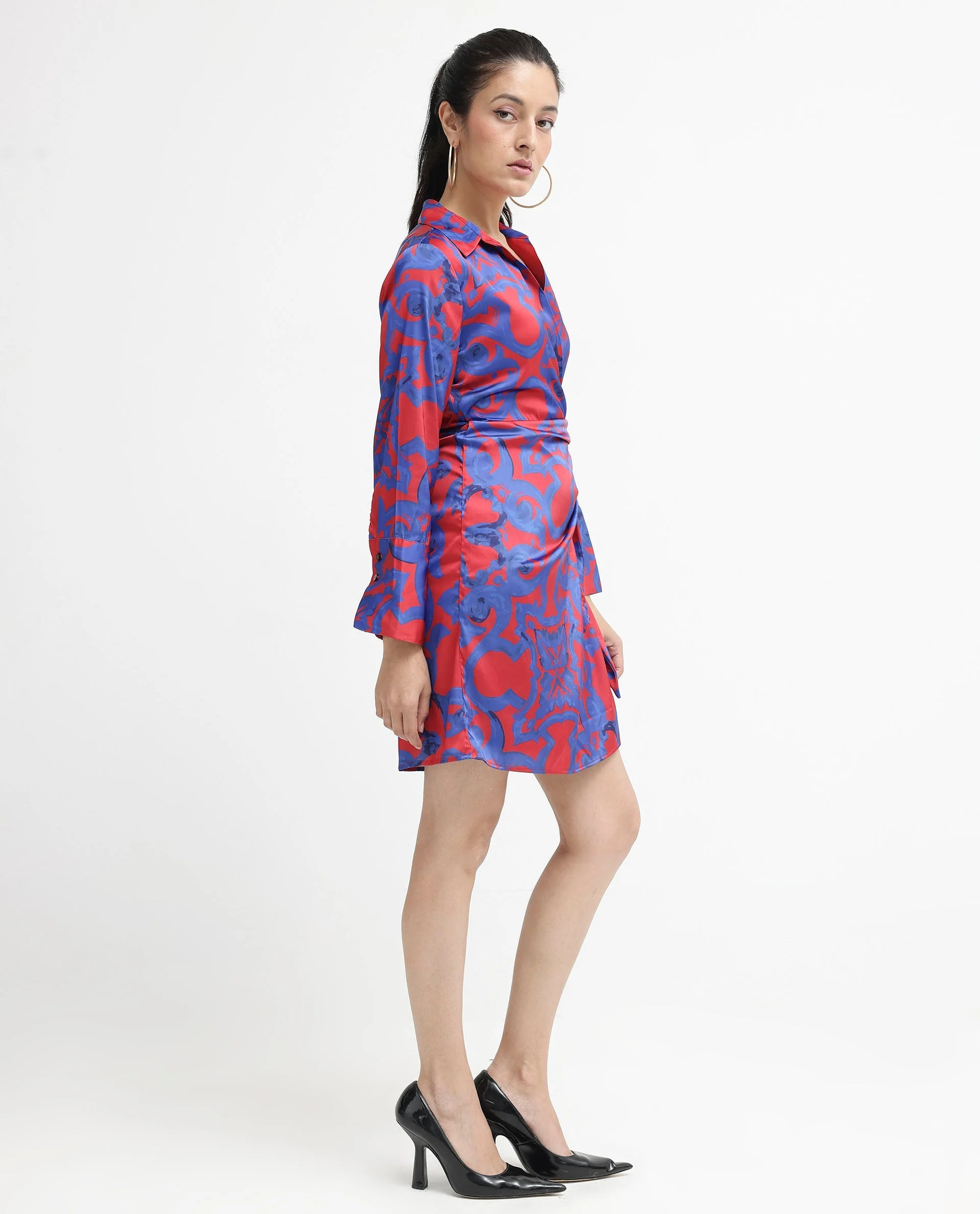 Rareism Women's Cager Red Polyester Blend Drop Collar Abstract Print Cuffed Sleeve Mini Wrap Dress - Image 6