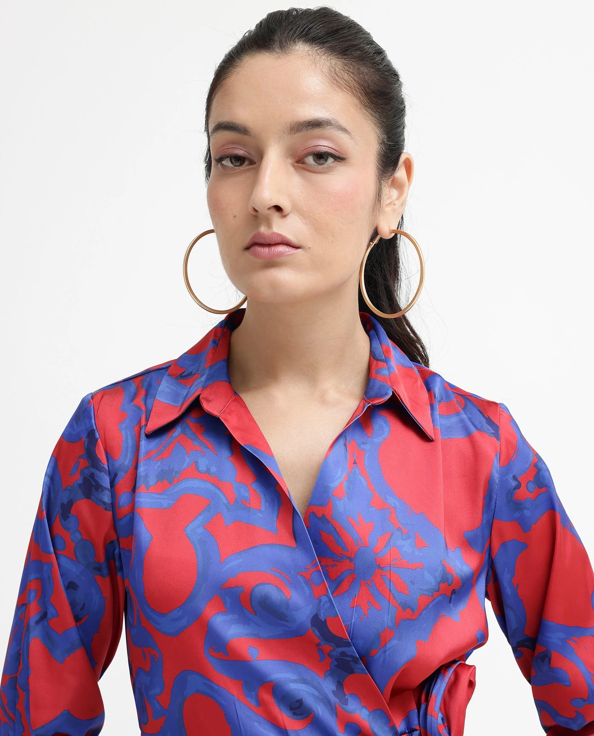 Rareism Women's Cager Red Polyester Blend Drop Collar Abstract Print Cuffed Sleeve Mini Wrap Dress - Image 7
