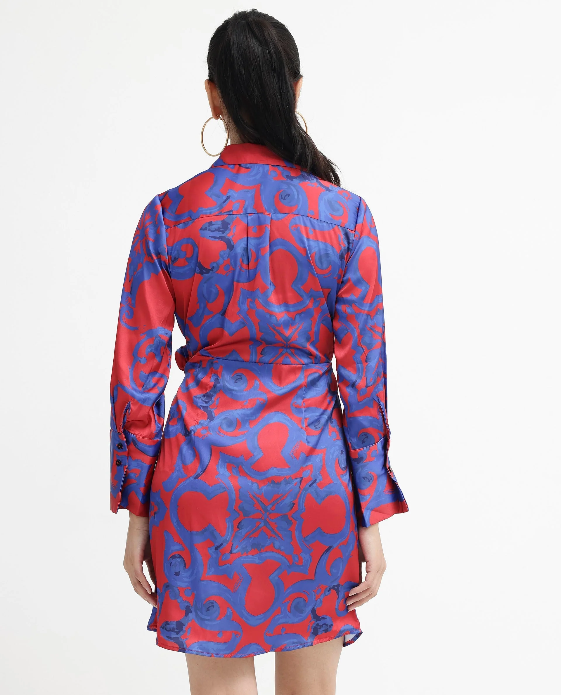 Rareism Women's Cager Red Polyester Blend Drop Collar Abstract Print Cuffed Sleeve Mini Wrap Dress - Image 8