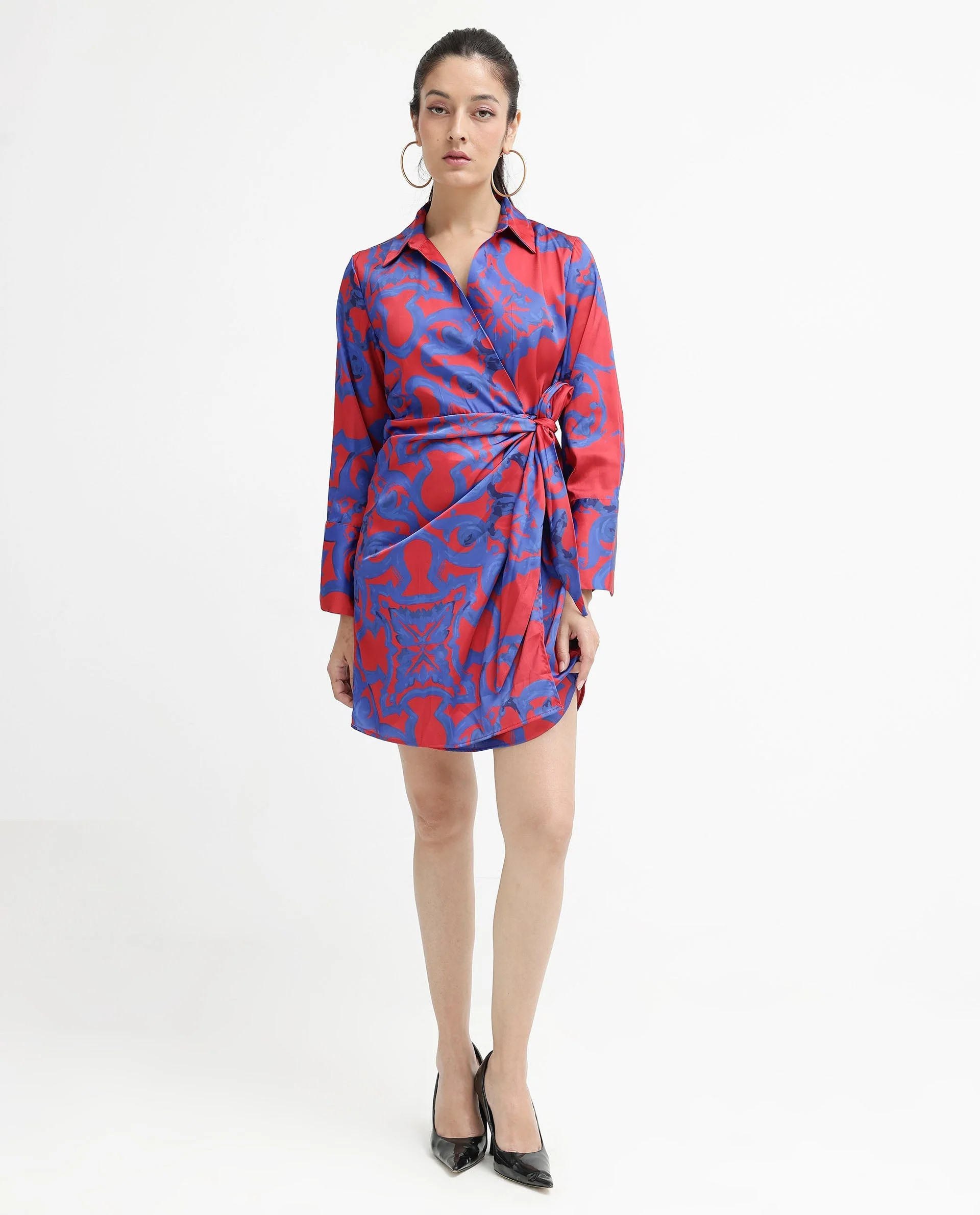 Rareism Women's Cager Red Polyester Blend Drop Collar Abstract Print Cuffed Sleeve Mini Wrap Dress - Image 9