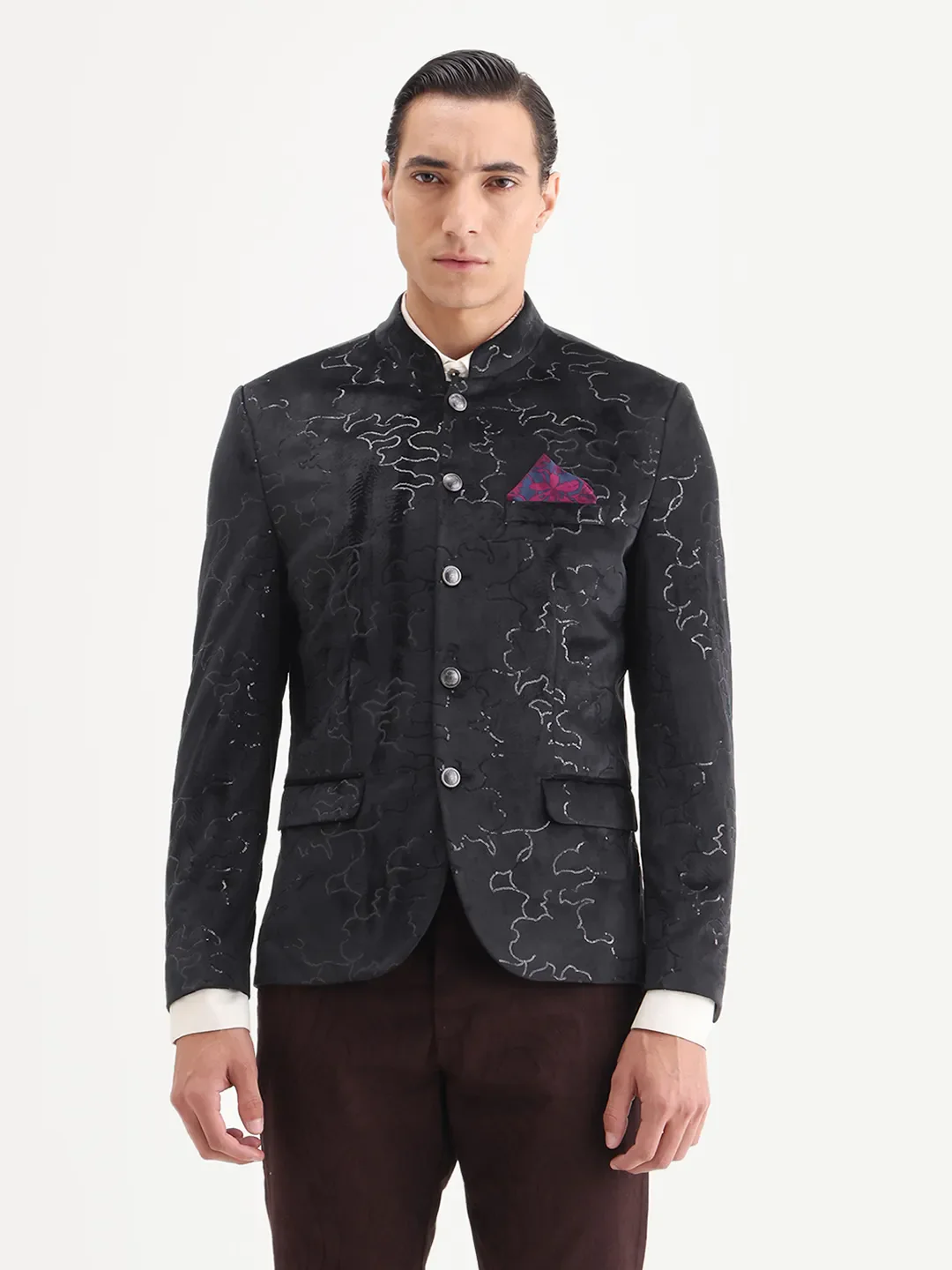 Rare Rabbit Men's Caldy Black Velvet Embellished Tailored Fit Full Sleeve Mandarin Collar Bandhgala Jodhpuri