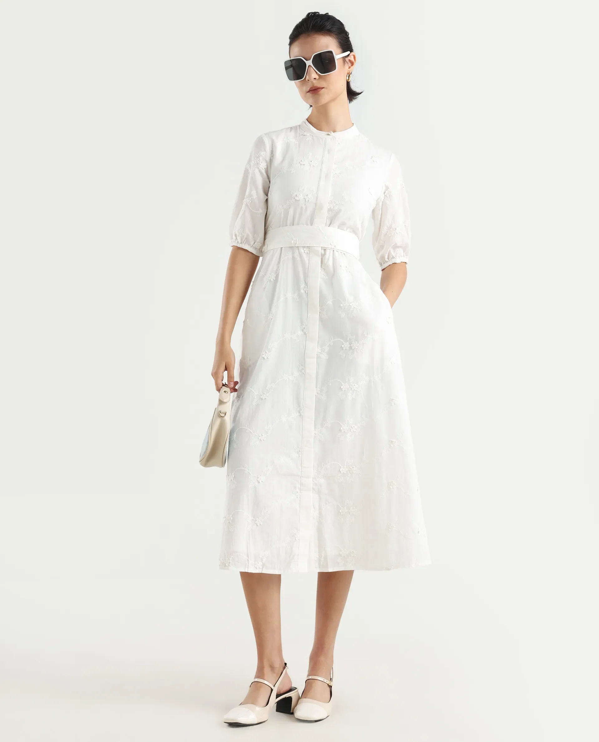 Rareism Women's Caledon White Round Neck Embroidered Puff Sleeves Midi A-Line Dress - Image 3