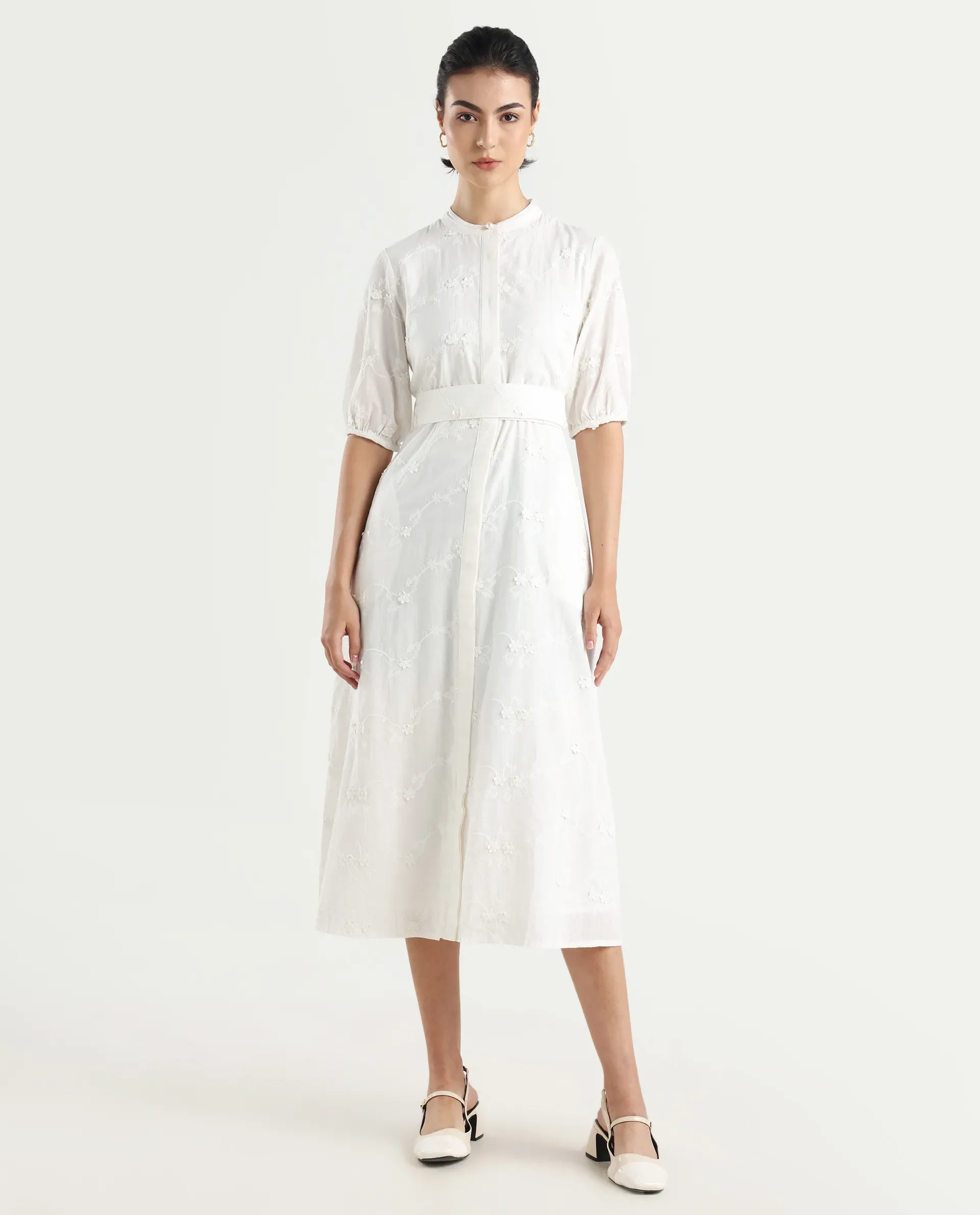 Rareism Women's Caledon White Round Neck Embroidered Puff Sleeves Midi A-Line Dress - Image 4
