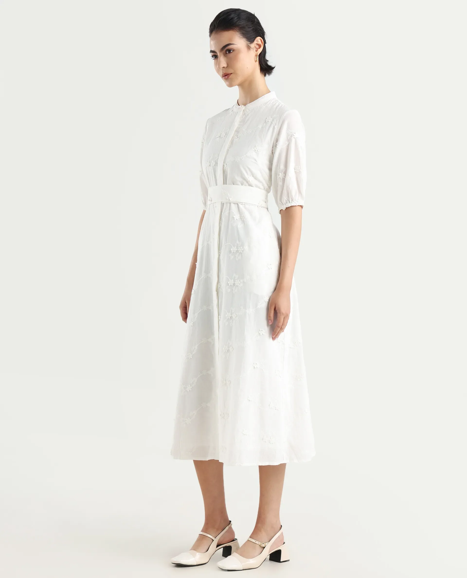 Rareism Women's Caledon White Round Neck Embroidered Puff Sleeves Midi A-Line Dress - Image 5