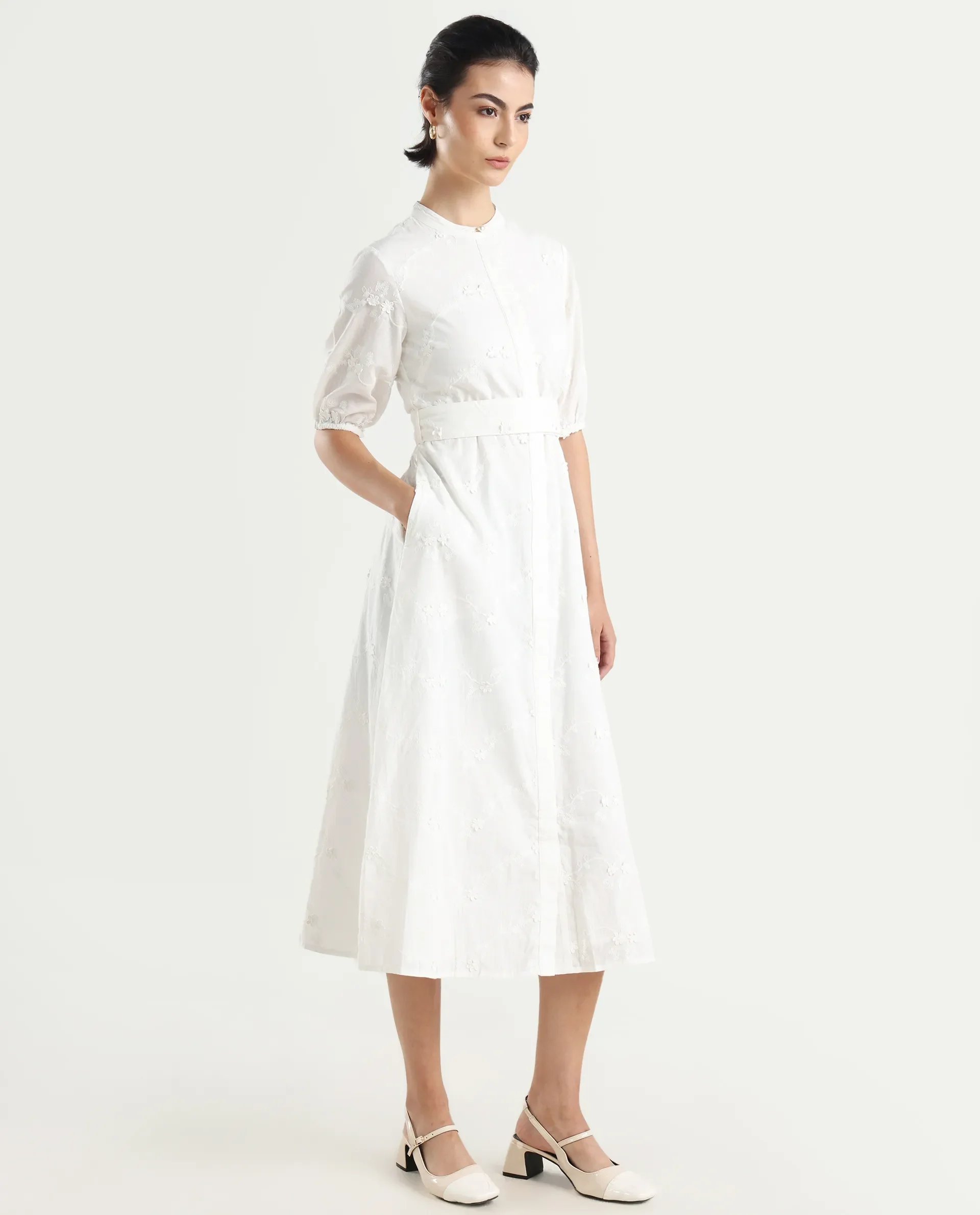 Rareism Women's Caledon White Round Neck Embroidered Puff Sleeves Midi A-Line Dress - Image 6