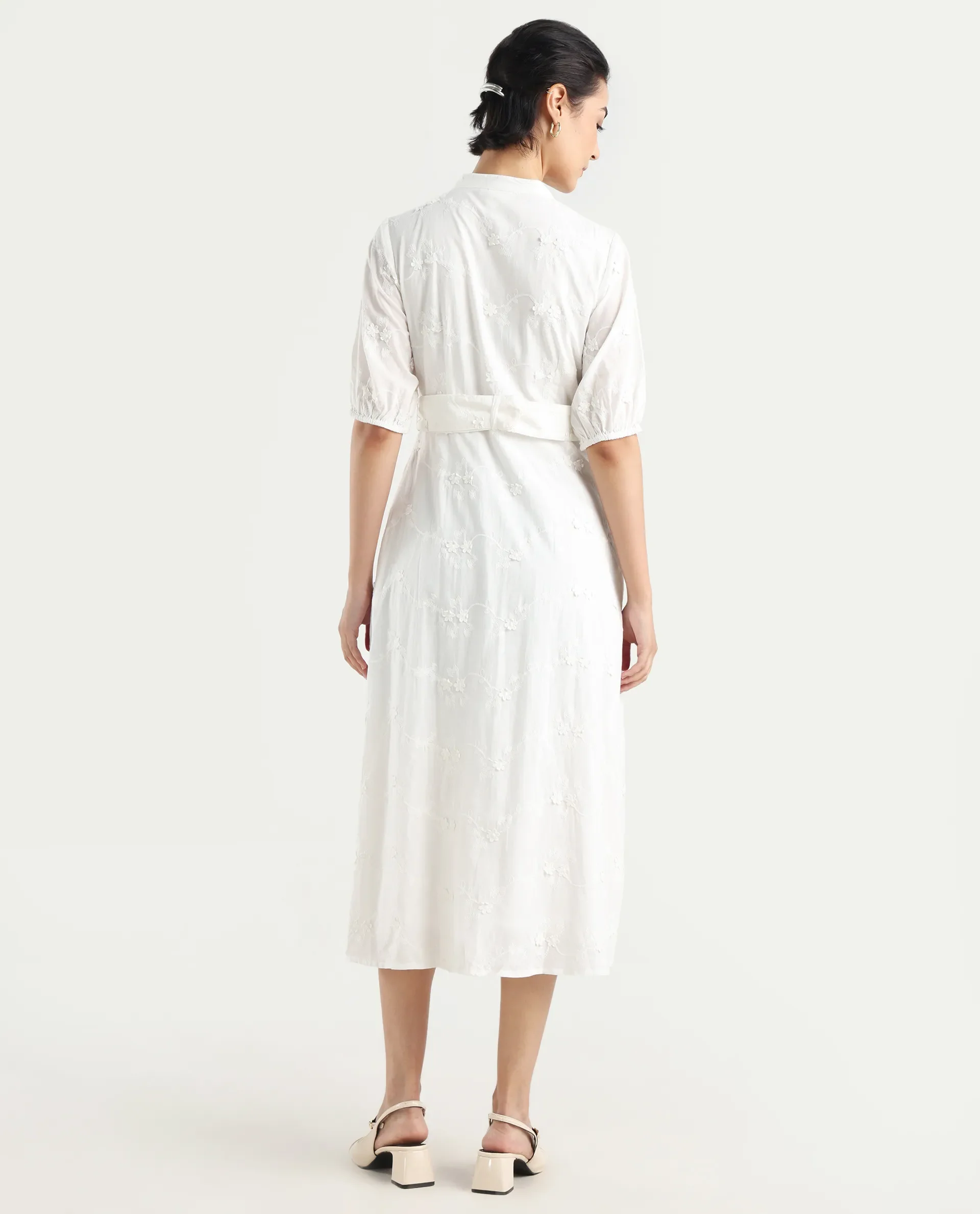 Rareism Women's Caledon White Round Neck Embroidered Puff Sleeves Midi A-Line Dress - Image 7