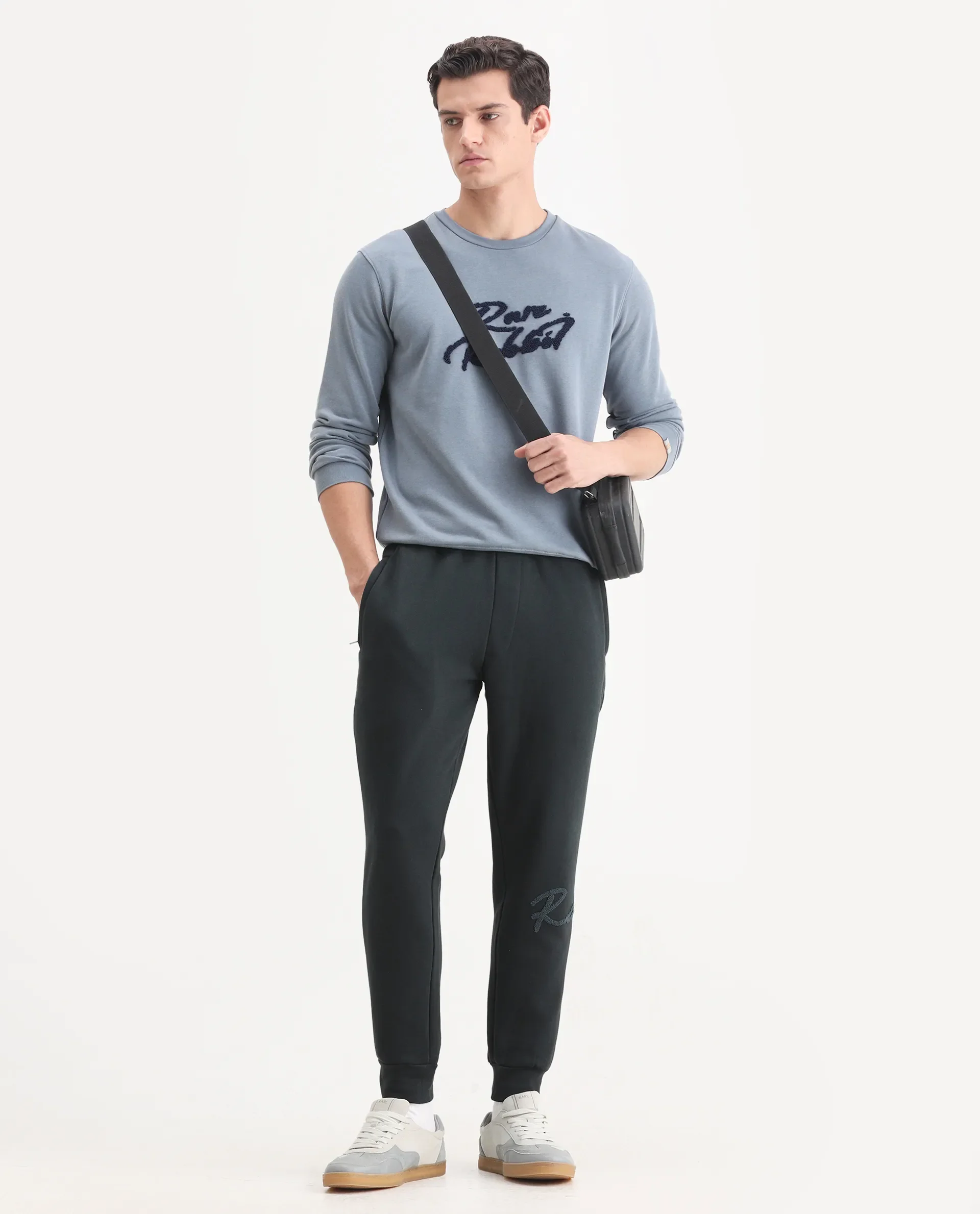 Rare Rabbit Men's Callan Dark Green Cotton Embroidered Regular Fit Joggers