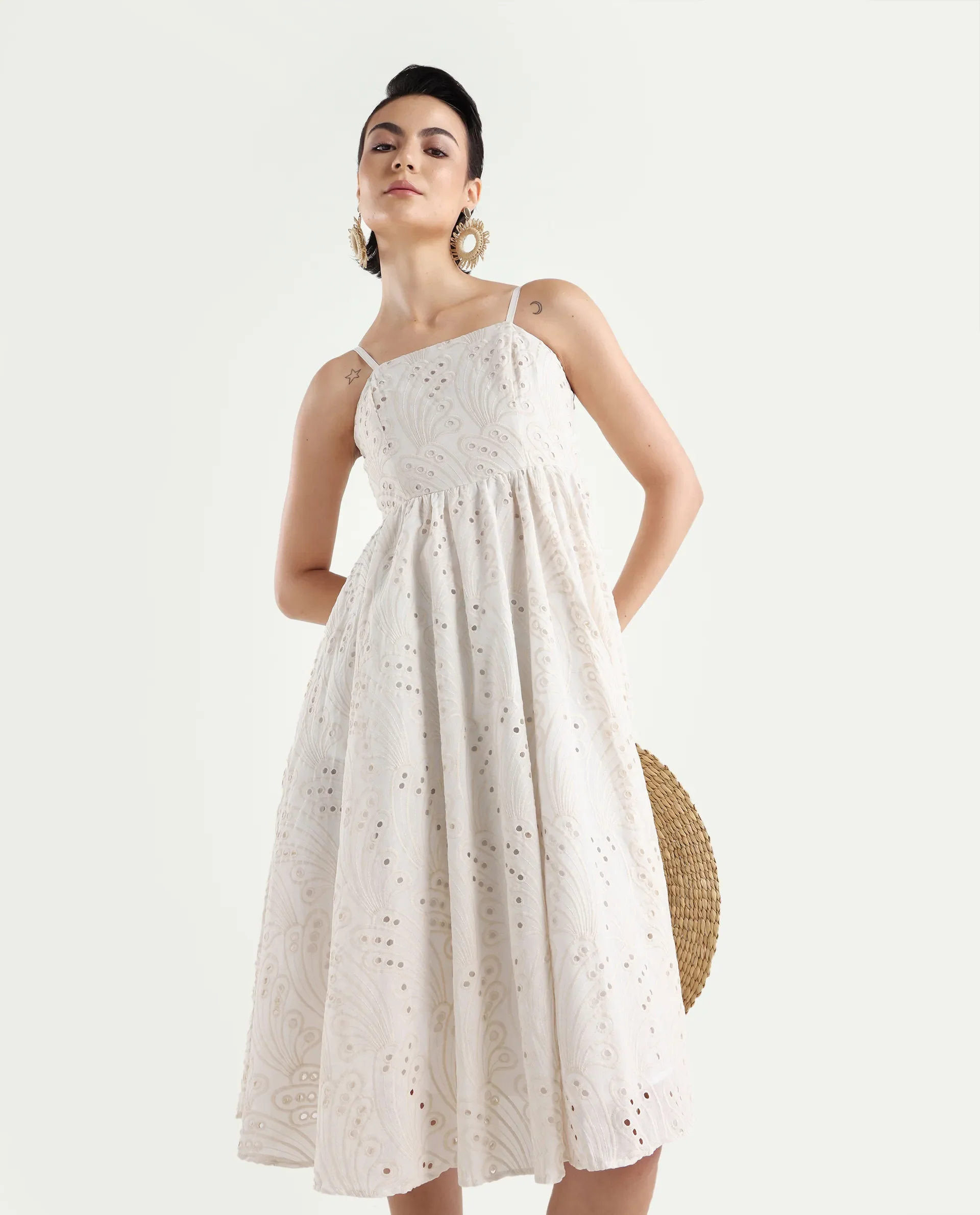 Rareism Women's Calvert White Cotton Shoulder Strap Plain Shoulder Strap Midi Fit And Flare Dress