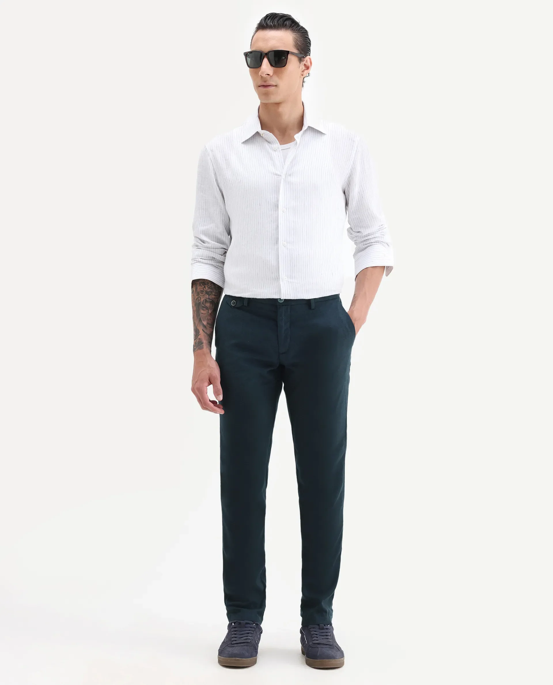 Rare Rabbit Men's Cameo Navy Linen Plain Regular Fit Trouser