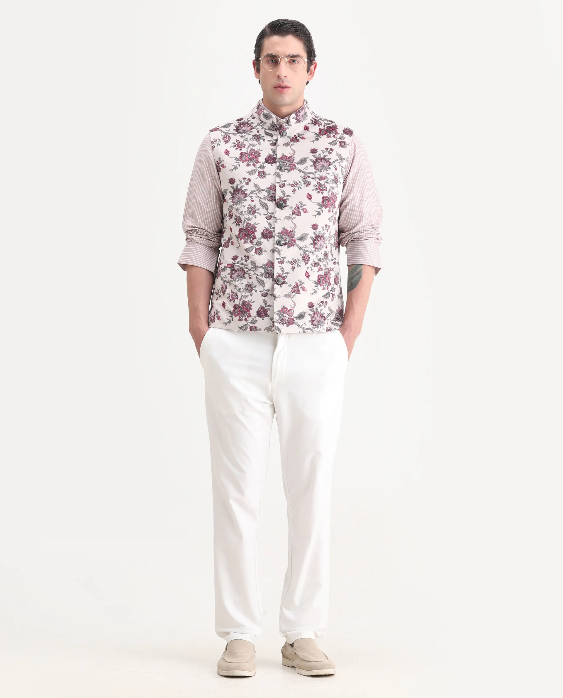 Rare Rabbit Men's Camero Light Beige Velvet Floral Print Tailored Fit Sleeveless Mandarin Collar Bandhgala - Image 2