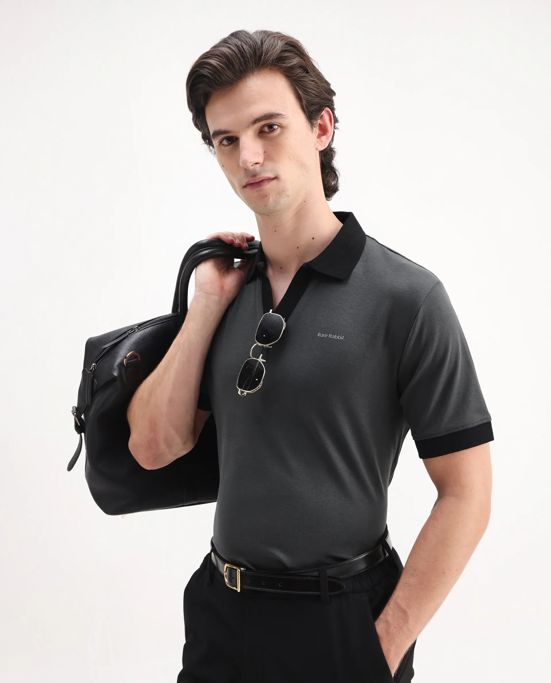Rare Rabbit Men's Carmelon Dark Grey Cotton Plain Regular Fit Half Sleeve Polo