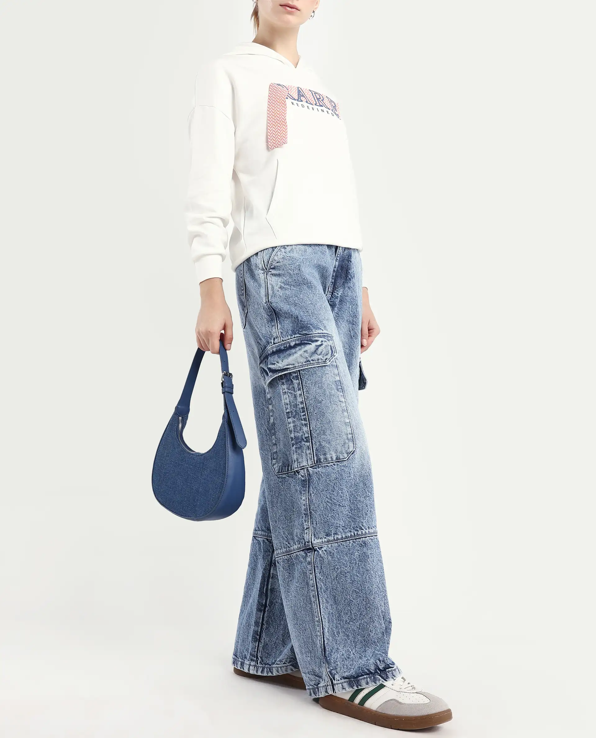 Rareism Women's Caro Light Blue Cotton Plain Ankle Length Baggy Jeans - Image 2