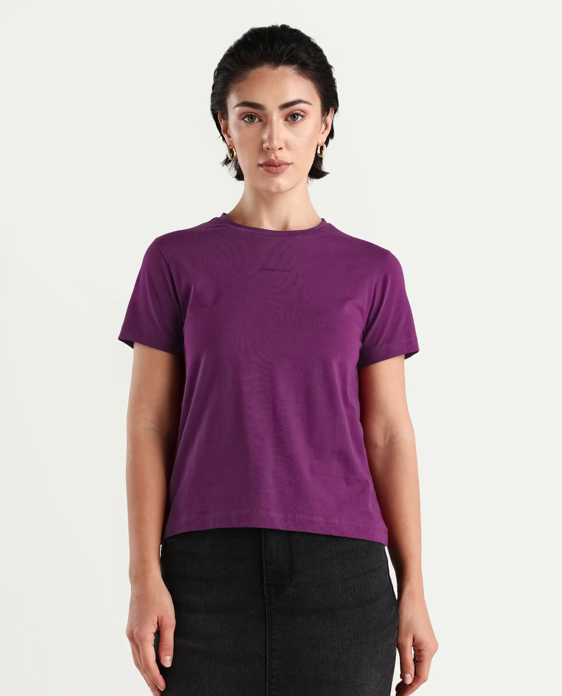 Rareism Women's Carob Dark Pink Cotton Blend Crew Neck Plain Regular Fit T-Shirt - Image 4