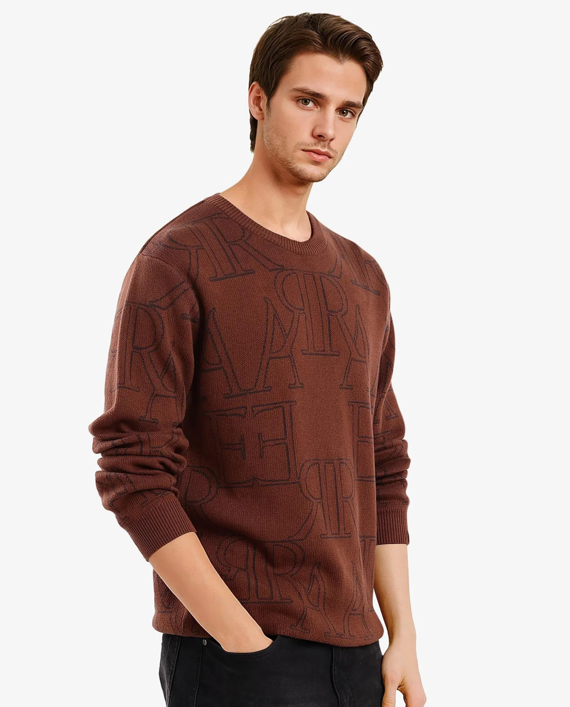 Rare Rabbit Men's Carrit Brown Cotton Monogram Print Regular Fit Full Sleeve Crew Neck Sweater - Image 7