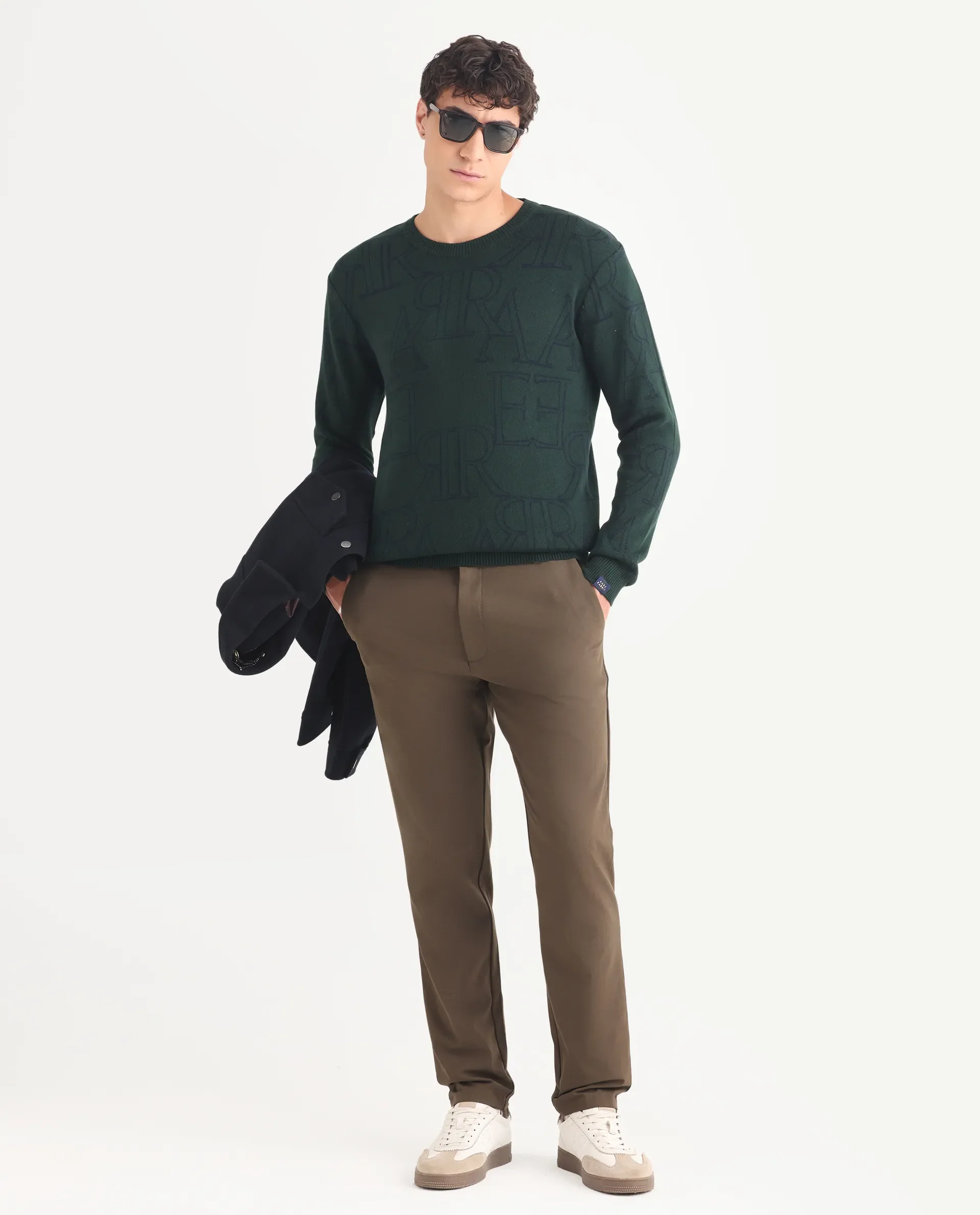 Rare Rabbit Men's Carrit Green Cotton Monogram Print Regular Fit Full Sleeve Crew Neck Sweater