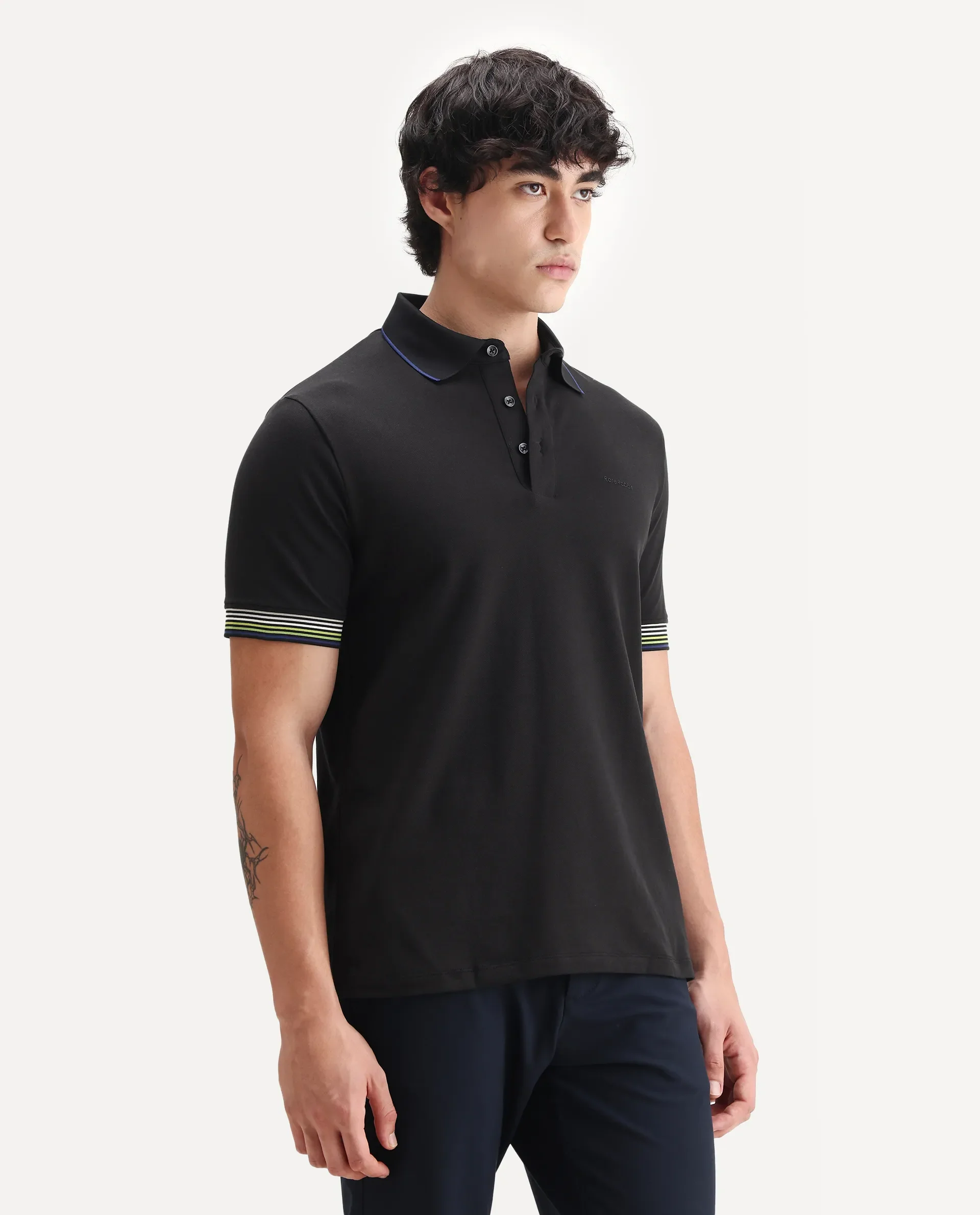 Rare Rabbit Men's Carter Black Cotton Plain Regular Fit Half Sleeve Polo - Image 4