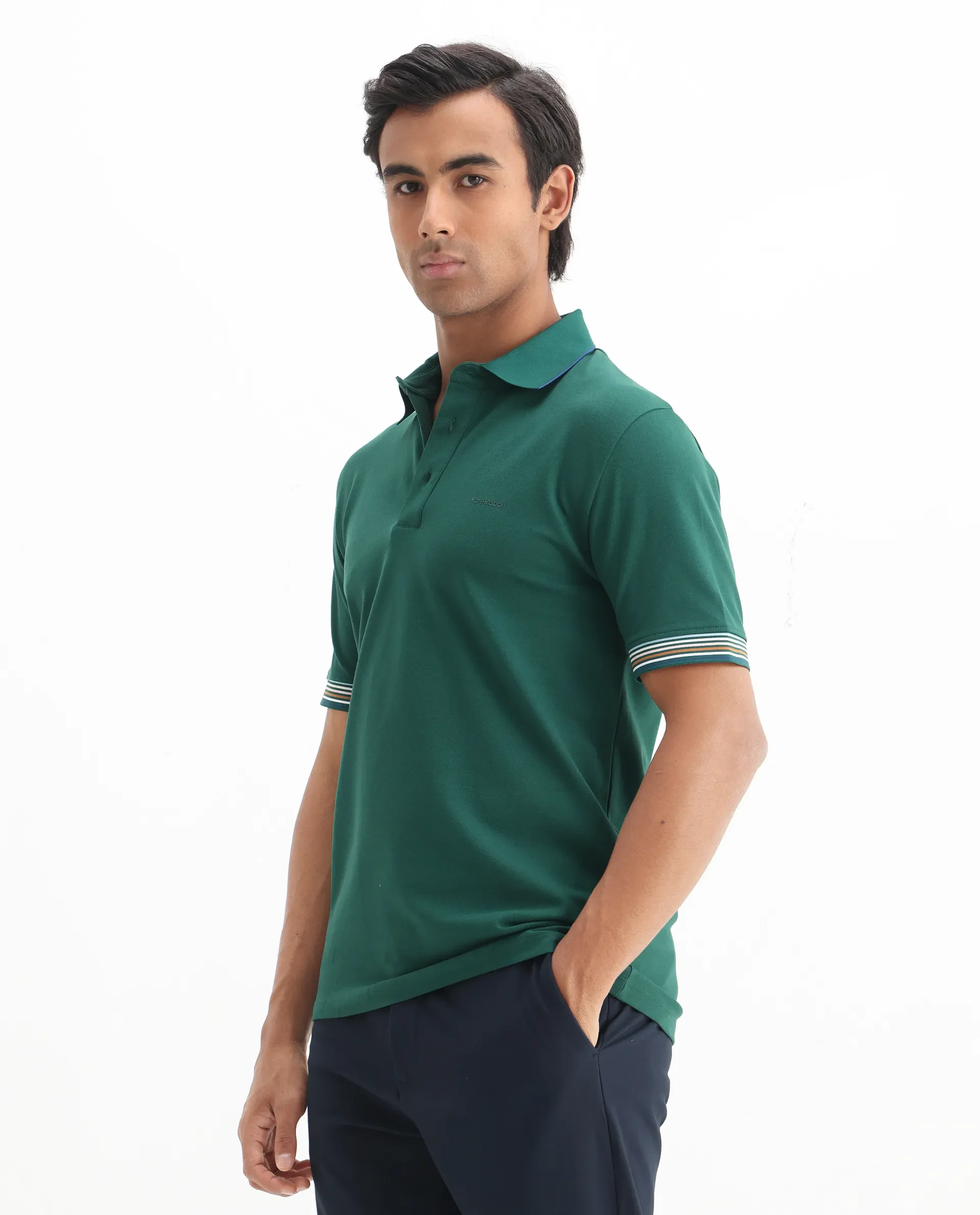 Rare Rabbit Men's Carter Dark Green Cotton Plain Regular Fit Half Sleeve Polo - Image 7